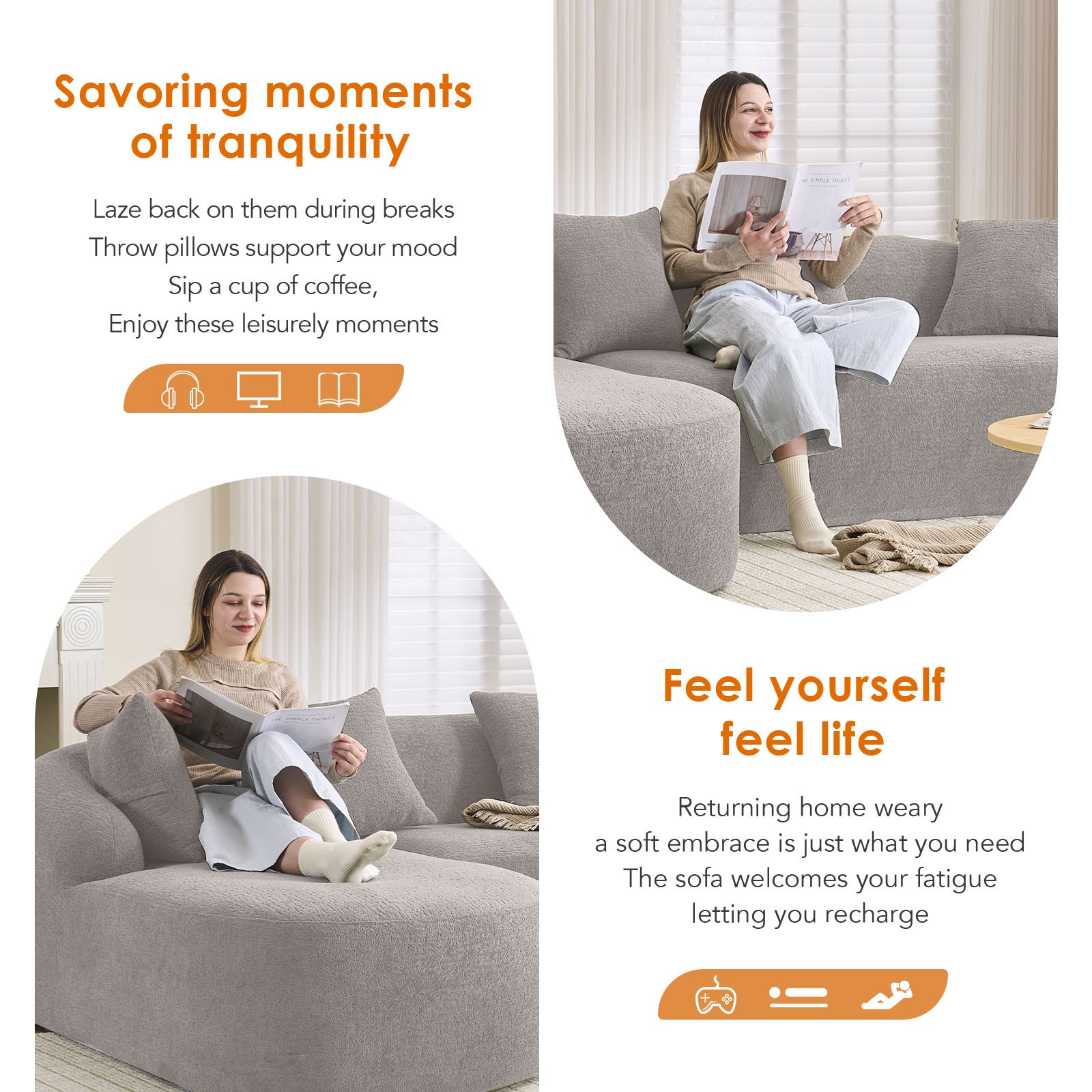 Compression Sofa: Combining Chaise Longue With 3 Seater, Wood Grain Chenille Fabric, Full Sponge Compression Sofa, Combined Sofa With 4 Pillows For Living / Home Furniture / Apartment - Gray - Image 24