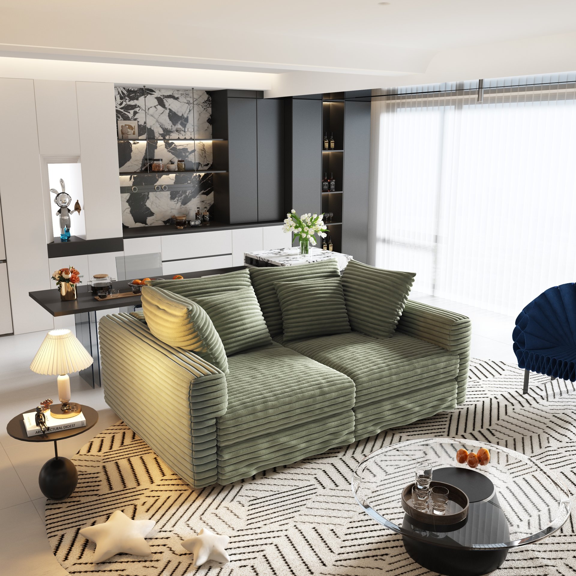 4 Seat Sofa, Deep Seat Couches With Soft Pillows And 2 Ottomans, Convertible Sofa Lounge Chair, For Living Room - Green - Image 11