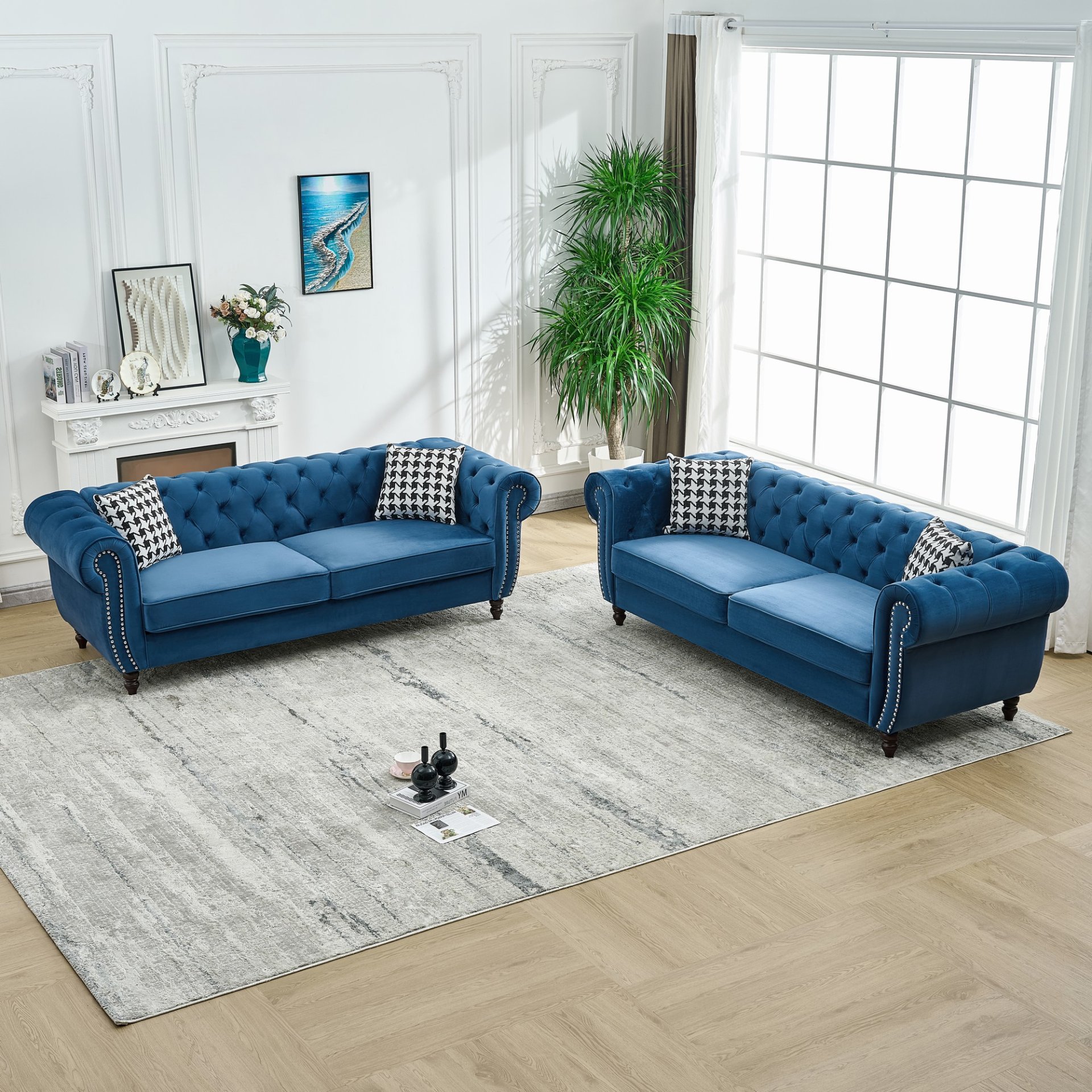 Chesterfield Sofa With Roll Armrest & Nailhead, 3 And 3 Seater Couch - Blue - Image 5