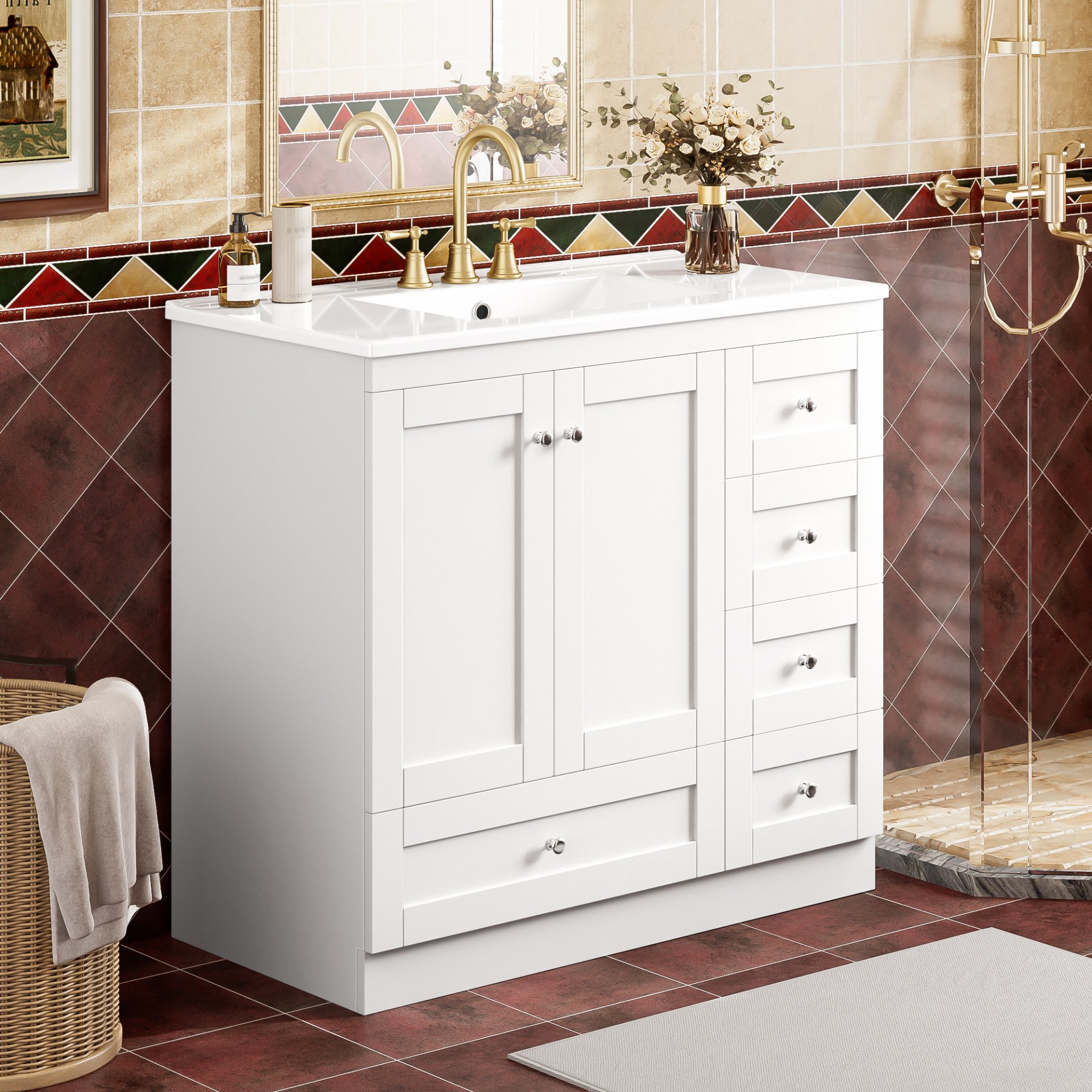 Shaker Free Standing Bathroom Vanity Cabinet With Sink, Soft Close Drawers And Doors - White - Image 5