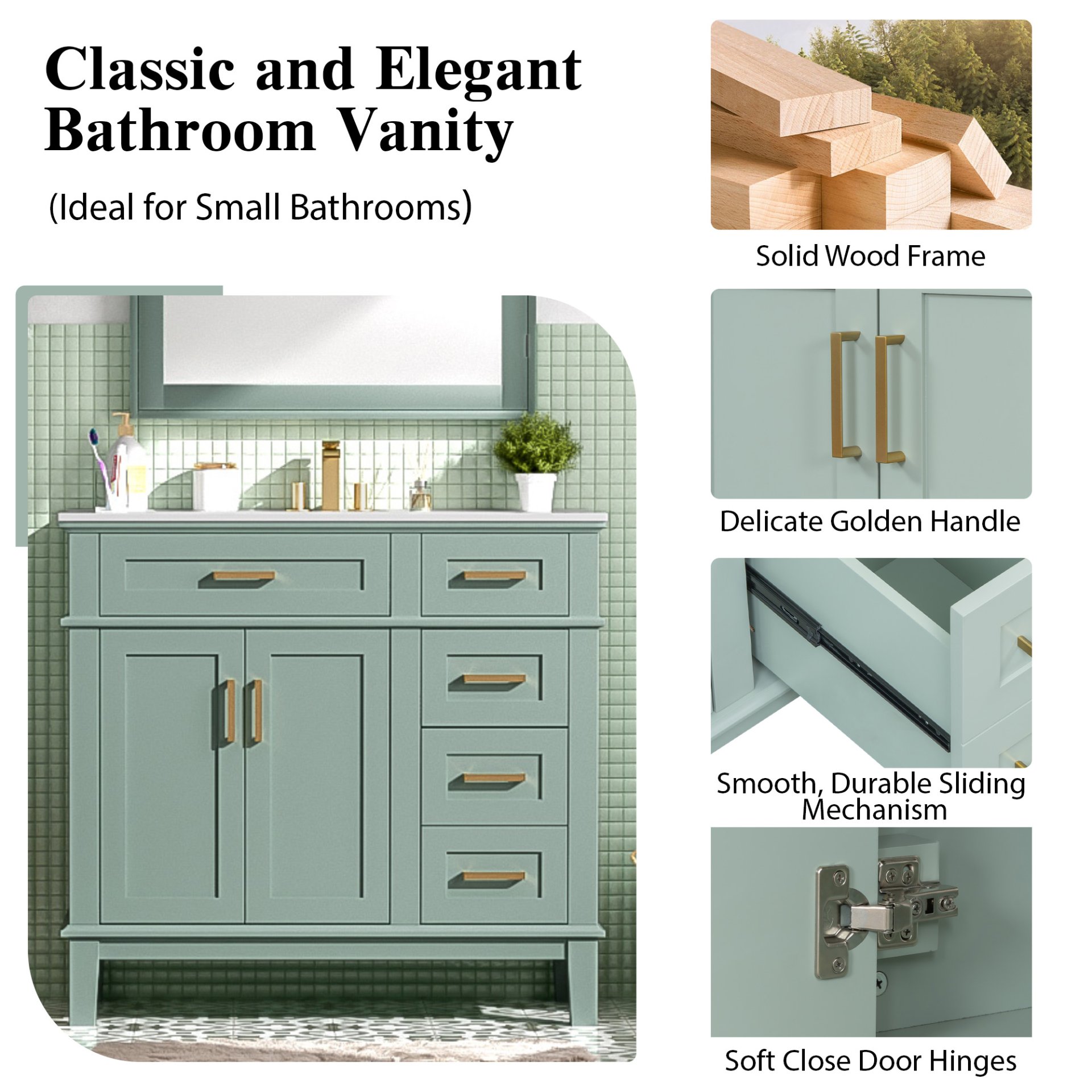 36" Bathroom Vanity With Sink, Soft Close Doors, And Storage Drawers - Green - Image 7