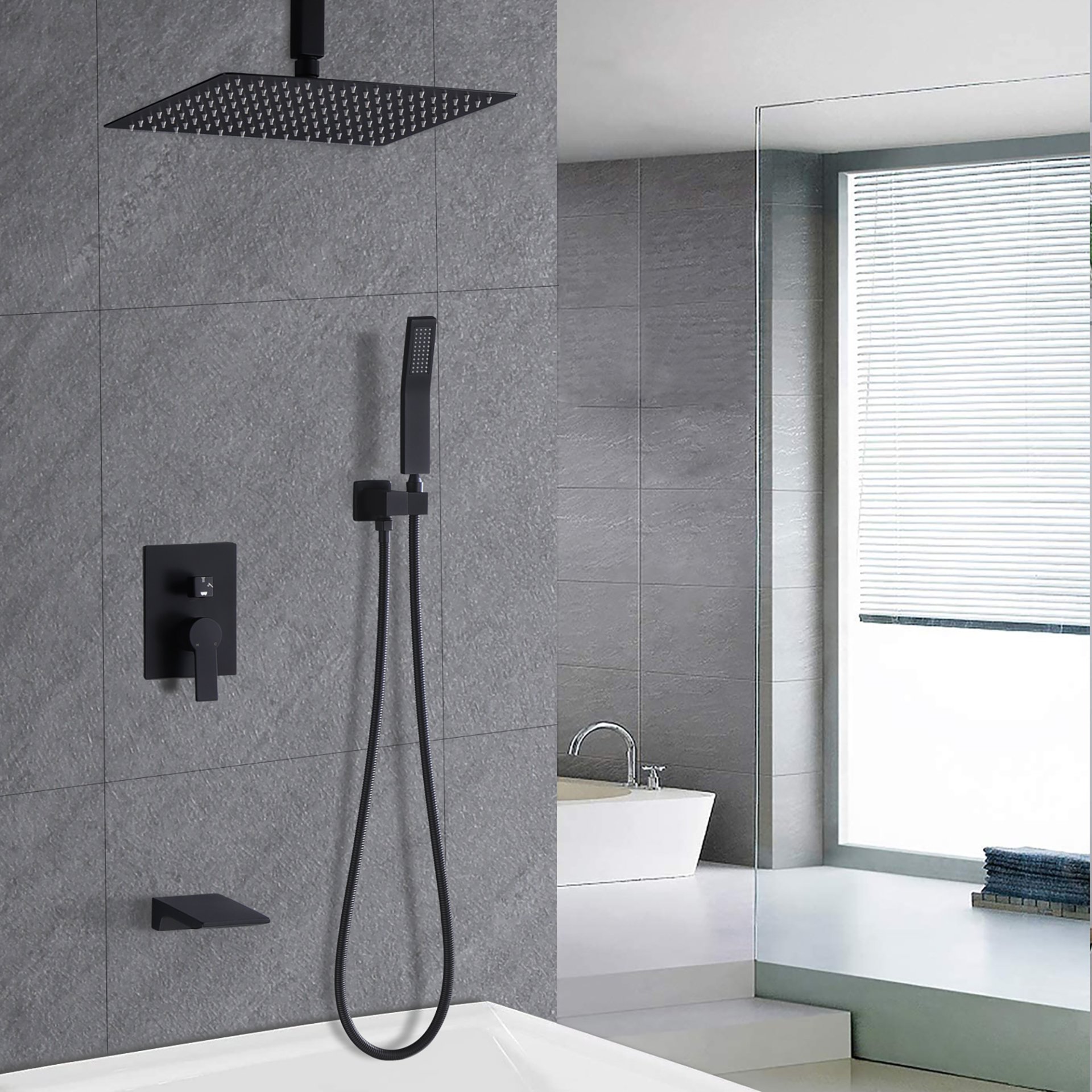 Contemporary Shower System With 12" Rainfall Head And Handheld Spray, Wall Mounted - Matte Black - Image 2