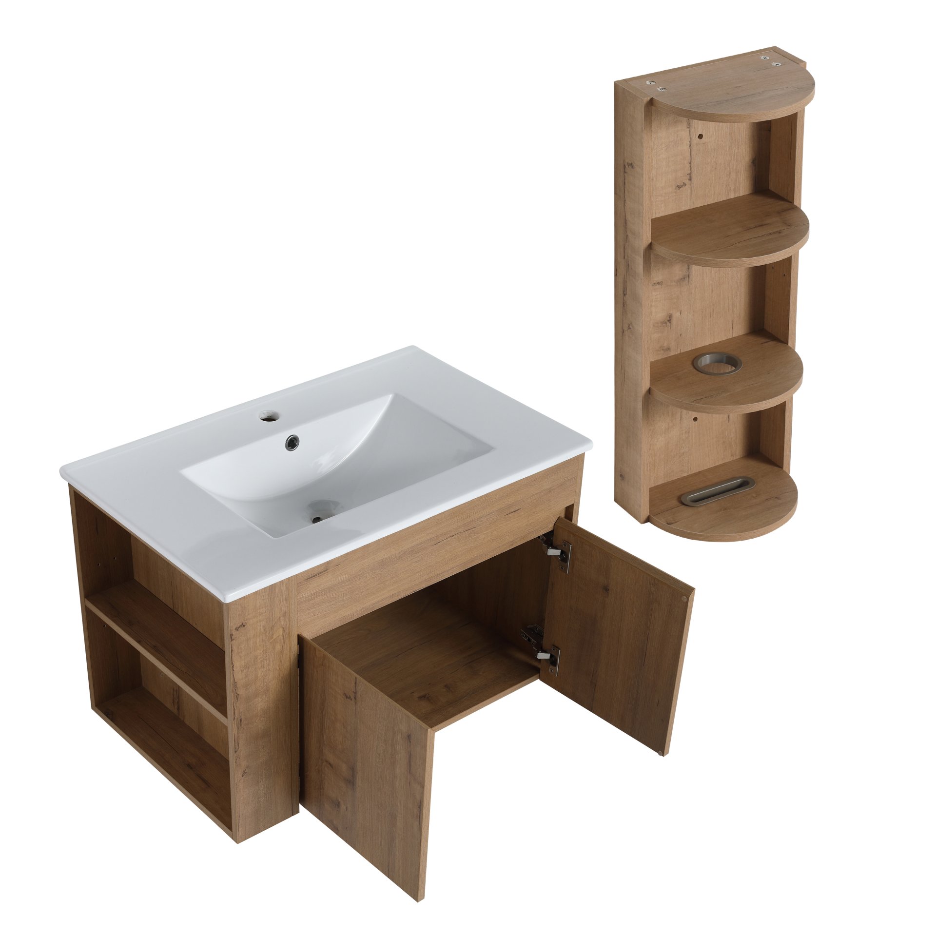 Modern Wall Mounted Bathroom Vanity With Sink And Storage Rack Soft Close Doors Plywood - Imitative Oak - Image 14