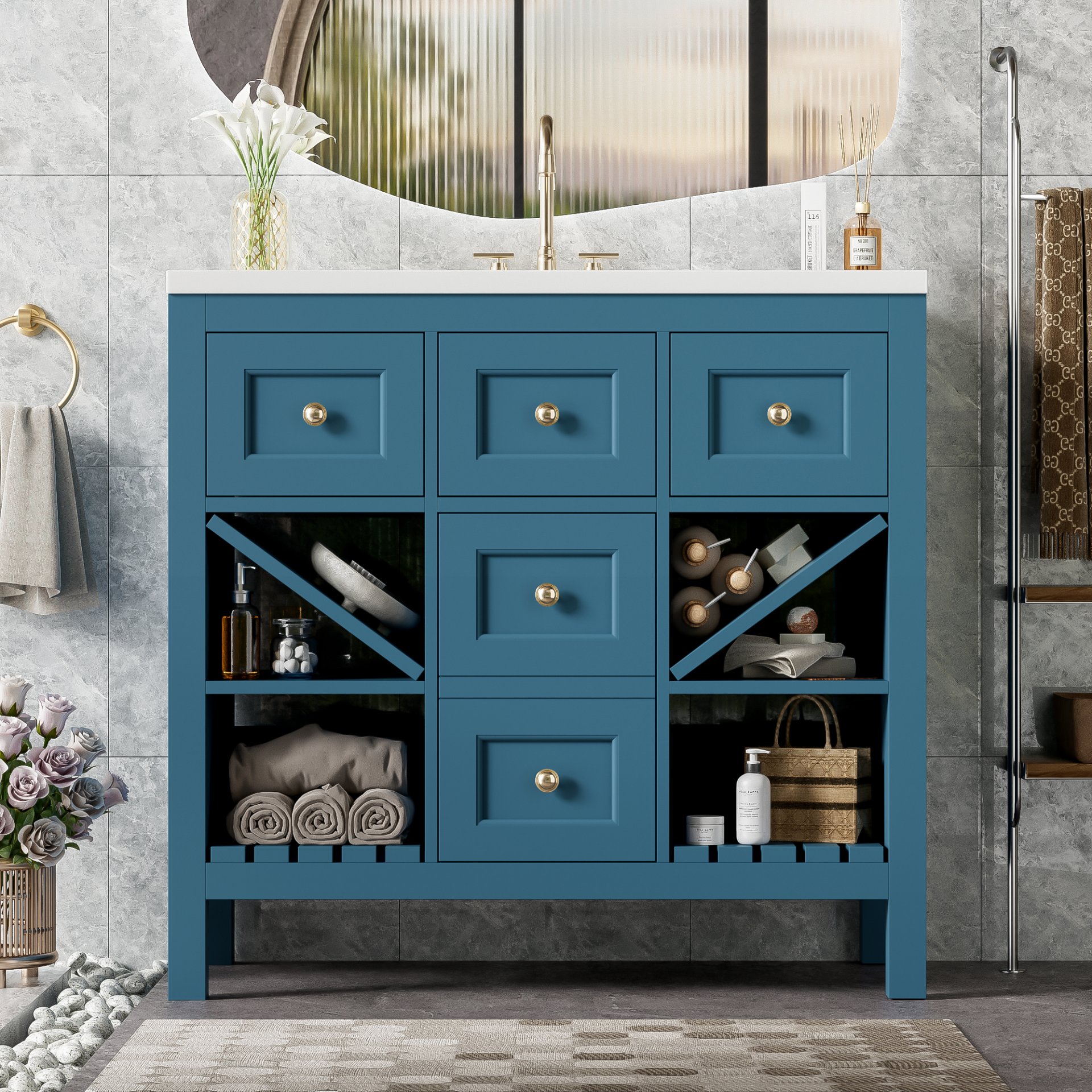 Bathroom Vanity With Resin Sink Combo, Frame Bathroom Storage Cabinet, Freestanding Vanity Set, 5 Drawers & Soft Closing Doors - Blue - Image 3