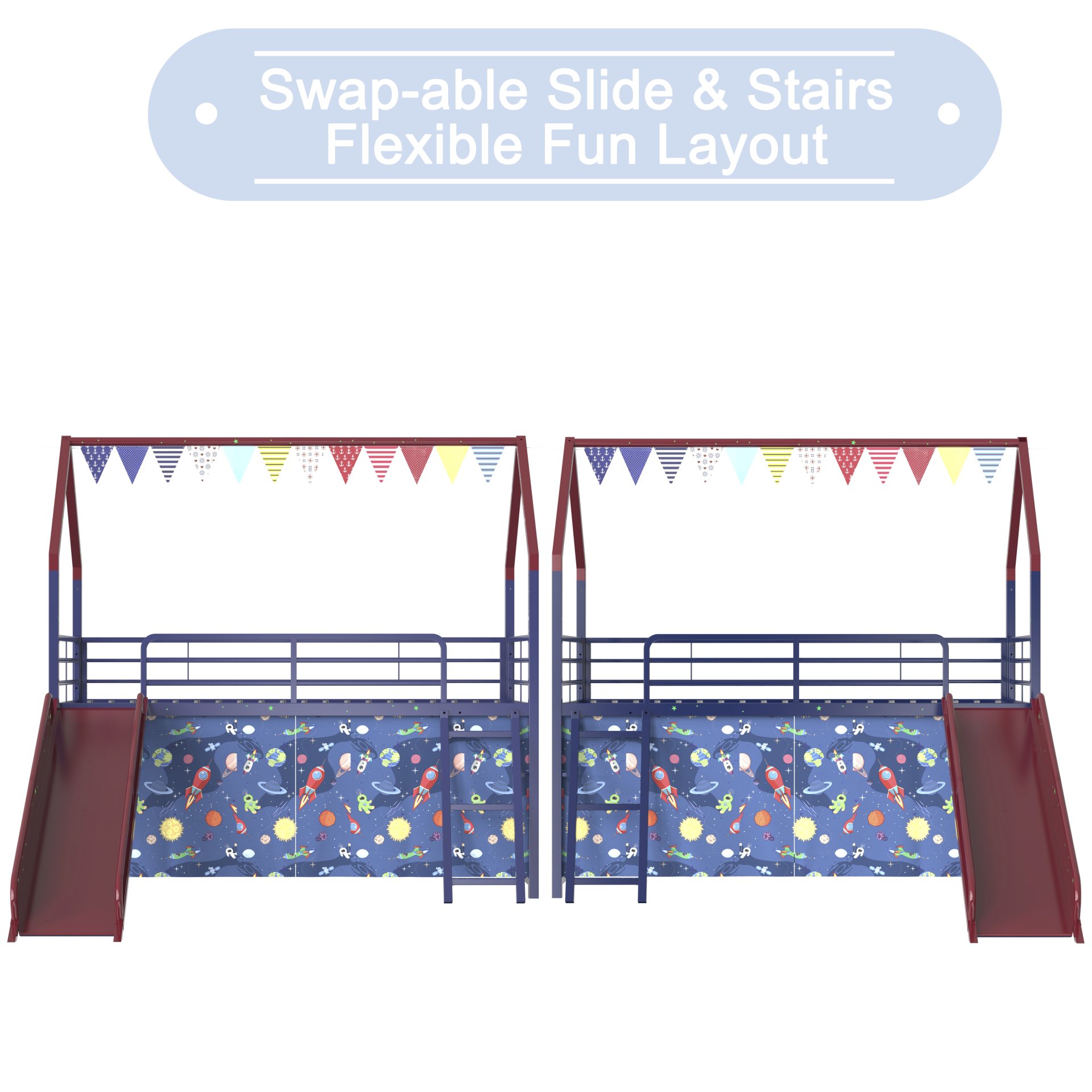 Jack - House Twin Loft Bed With Slide And Curtain Set, Superhero - Blue / Red - Image 15