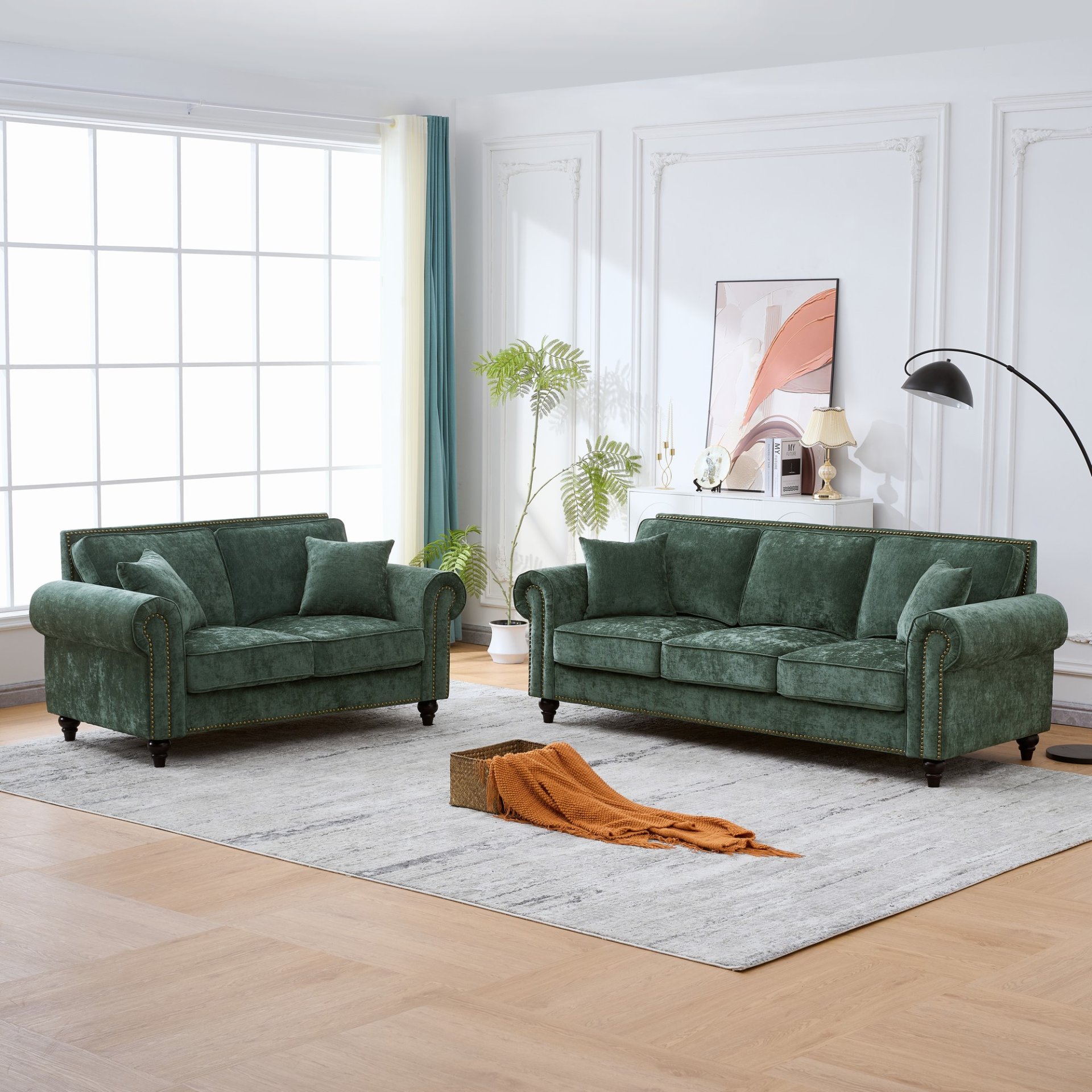 2 Seater Sofa With Rolled Arms, Tufted, Legs, Nailhead Trim - Green - Image 4