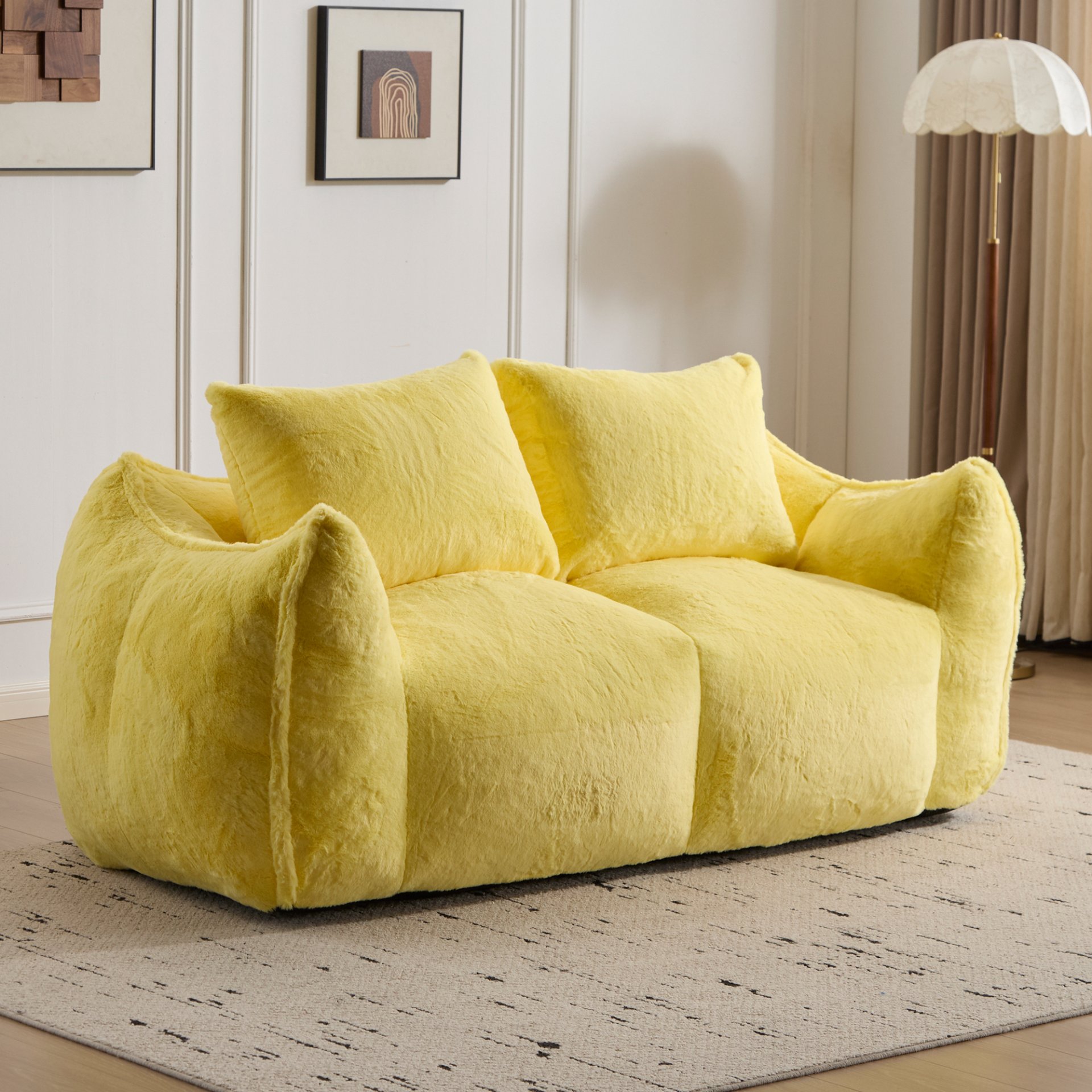 Giant Bean Bag Couch, Ultra Soft Fluffy Loveseat For Living Room Reading Chair With Pillows - Yellow - Image 2