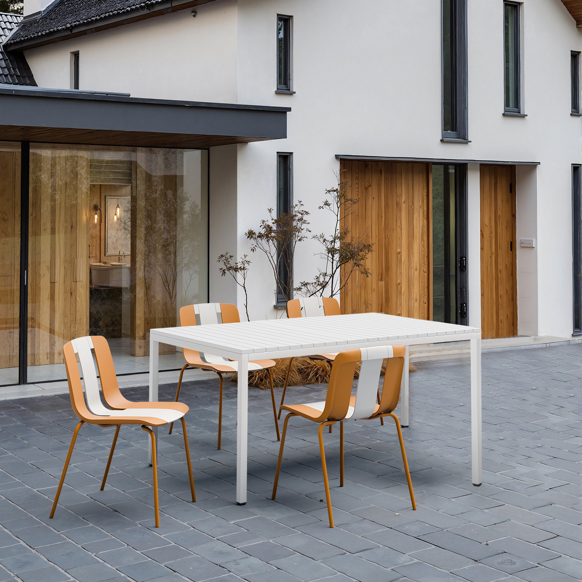 4 Piece Set Of Striped Color Blocking Single Chairs With Long Table - Beige / Tropical Orange / White - Image 15