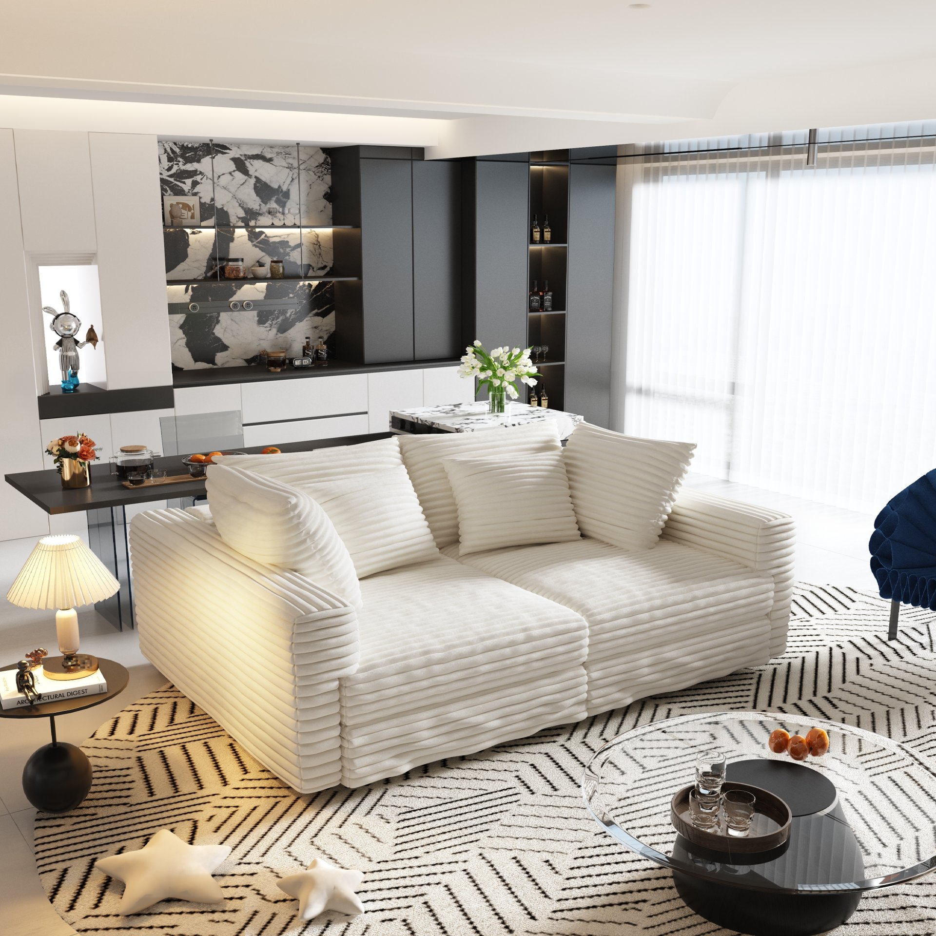 Plush Corduroy 4 Seat Sofa, Modern Comfy Upholstered Sofa Cloud Couch, Deep Seat Couches With Soft Pillows, Convertible Deep Seat Sofa Lounge Chair For Living Room Bedroom, Apartment, Office - Black / Gray - Image 4