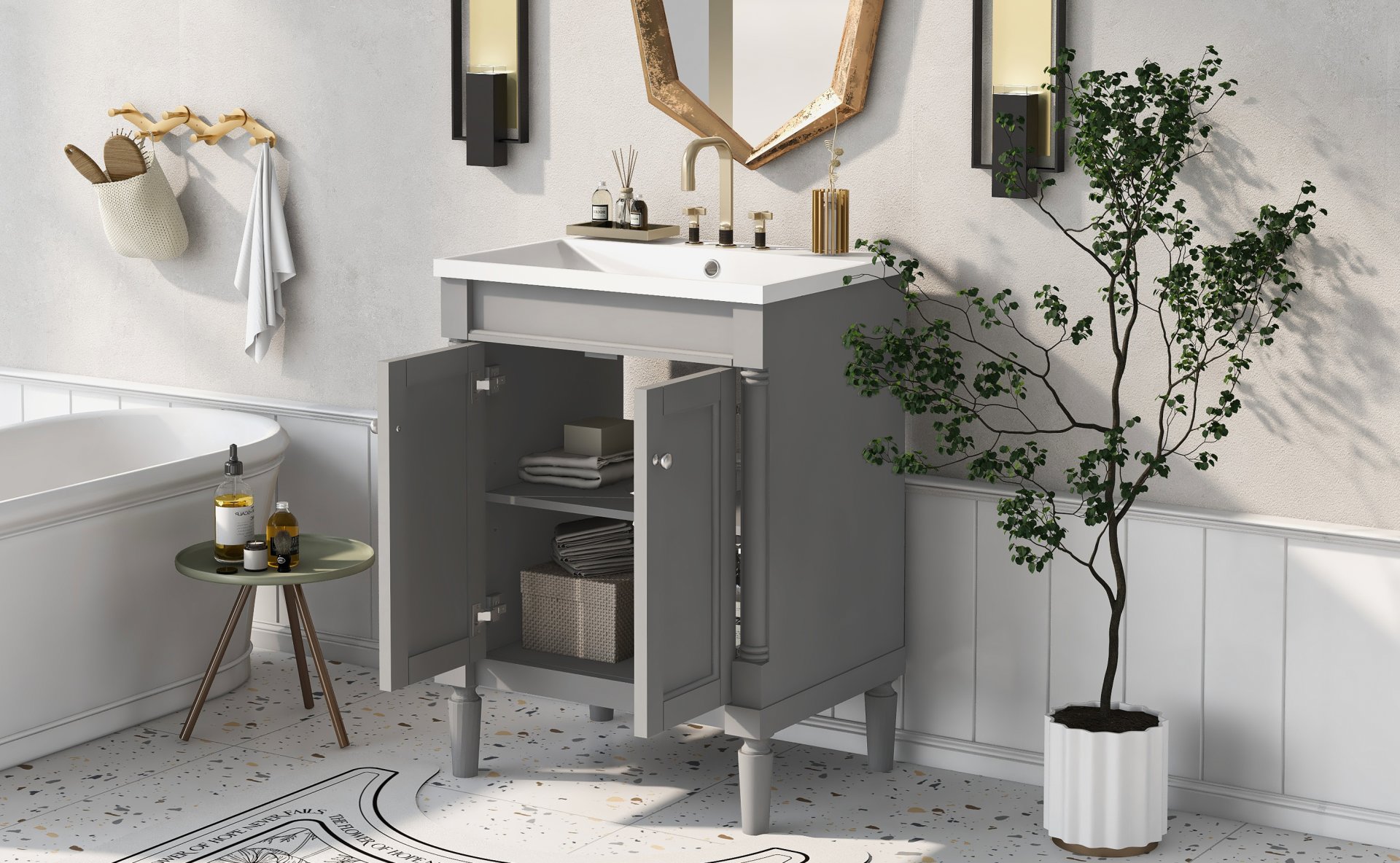 Bathroom Vanity With Top Sink, 2-Tier Modern Bathroom Storage Cabinet, Single Sink Bathroom Vanity, Large Storage Shelves - Gray - Image 8