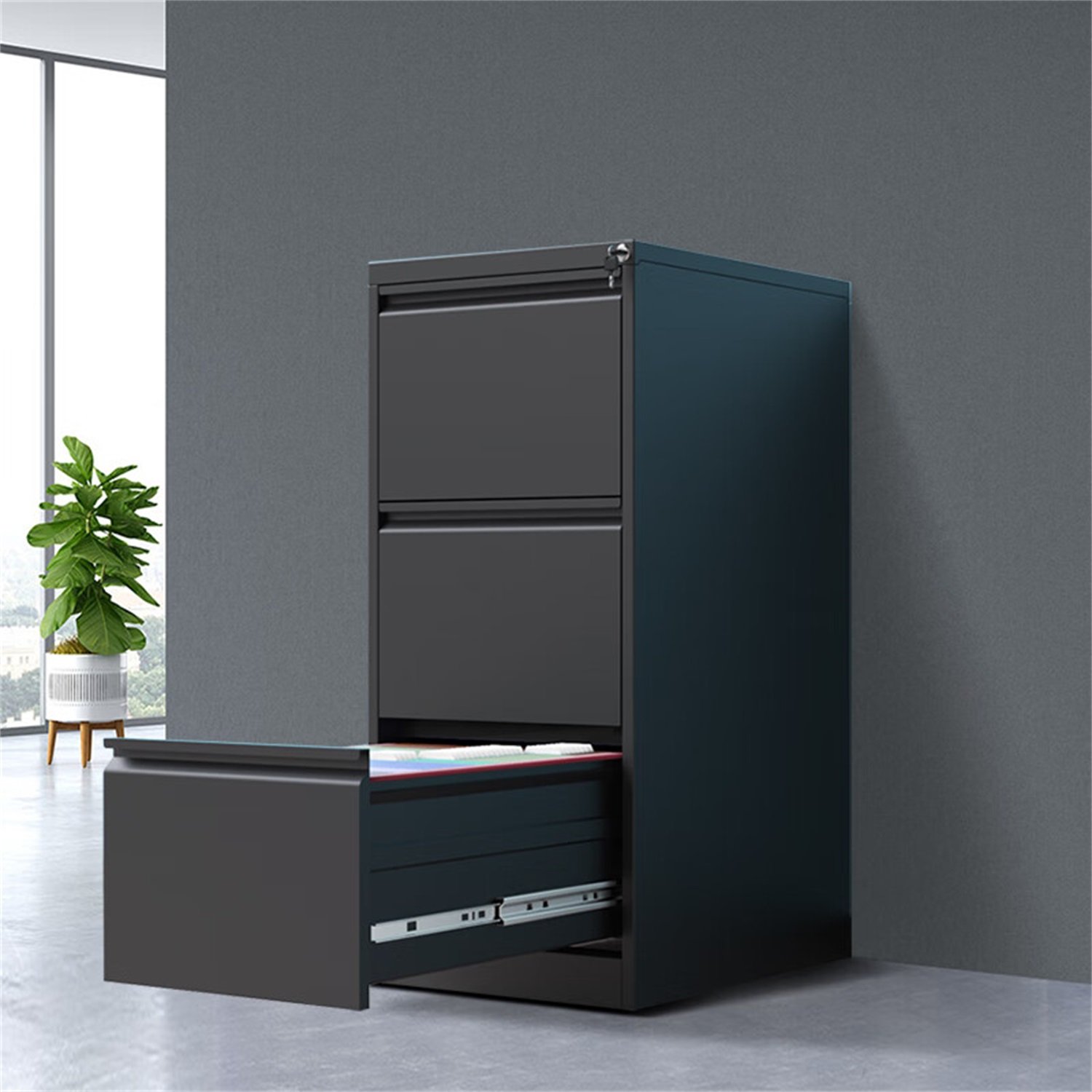 4 Drawer Vertical File Cabinet With Lock For Home Office Organizer Metal Filing Cabinet Letter / A4 / Legal Size - Black - Image 4