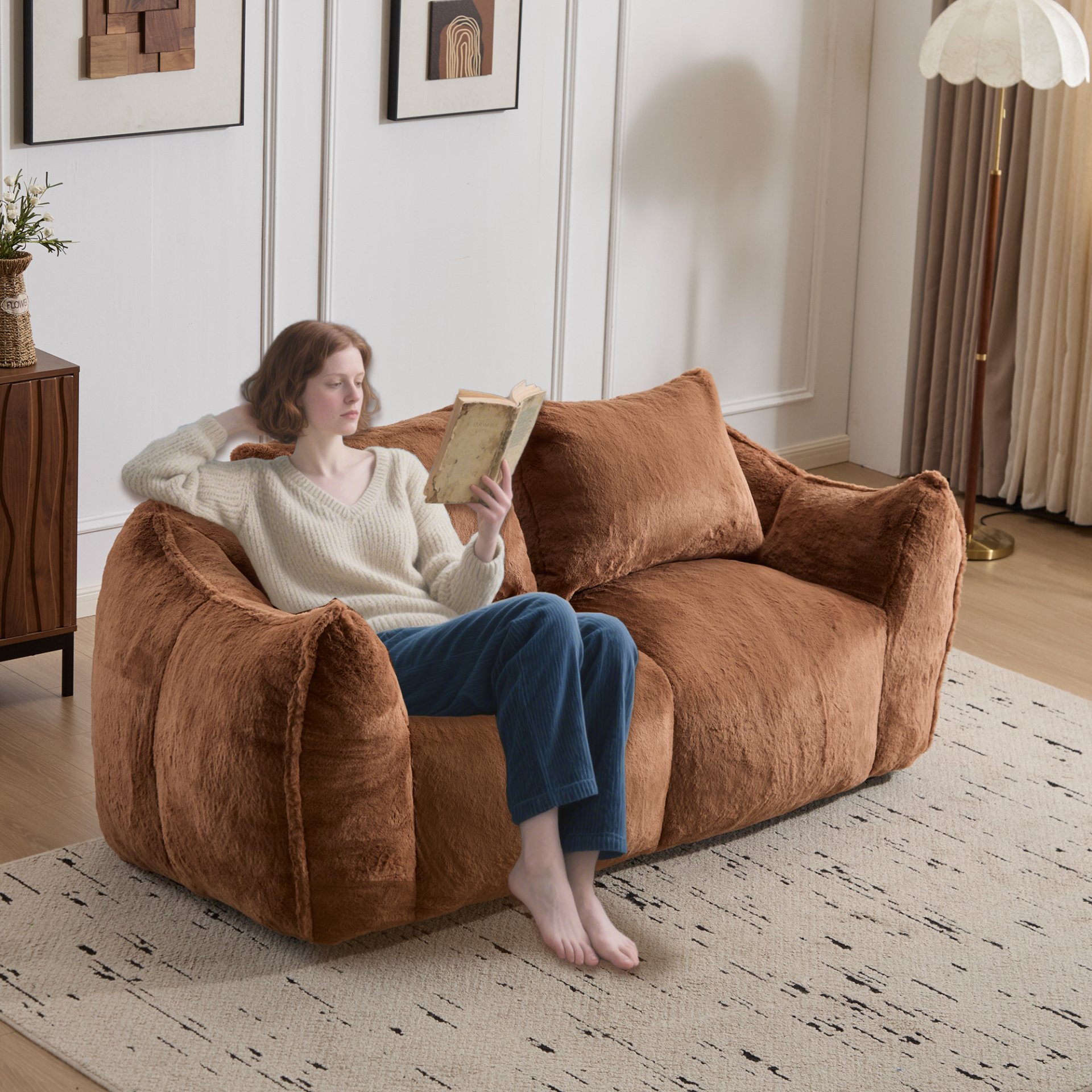Giant Bean Bag Couch, Ultra Soft Fluffy Loveseat For Living Room Reading Chair With Pillows - Brown - Image 8