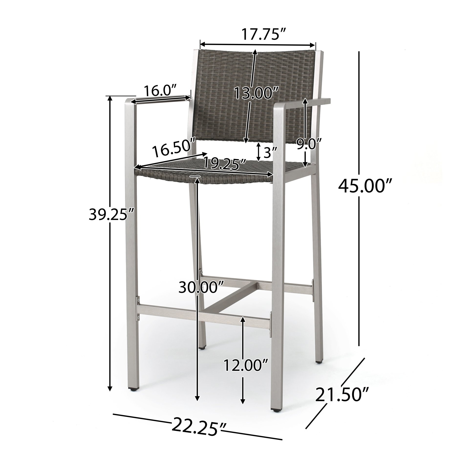 Outdoor Rust Proof Aluminum Barstools With Rattan Seat And Backrest - Silver / Gray - Image 3