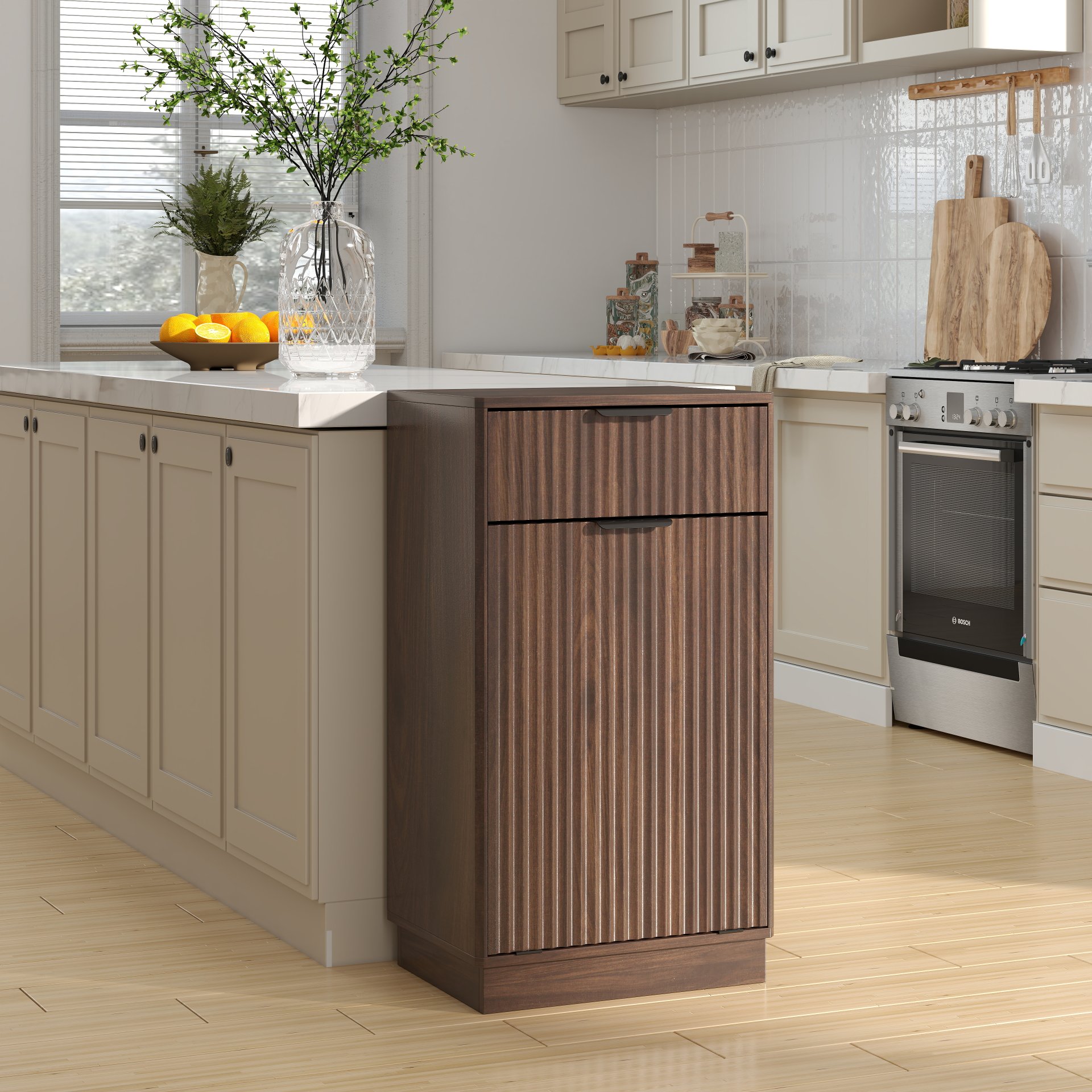 Tilt Out Trash Can Cabinet With Wave Textured Drawer & Pull Out Bin - Walnut - Image 5