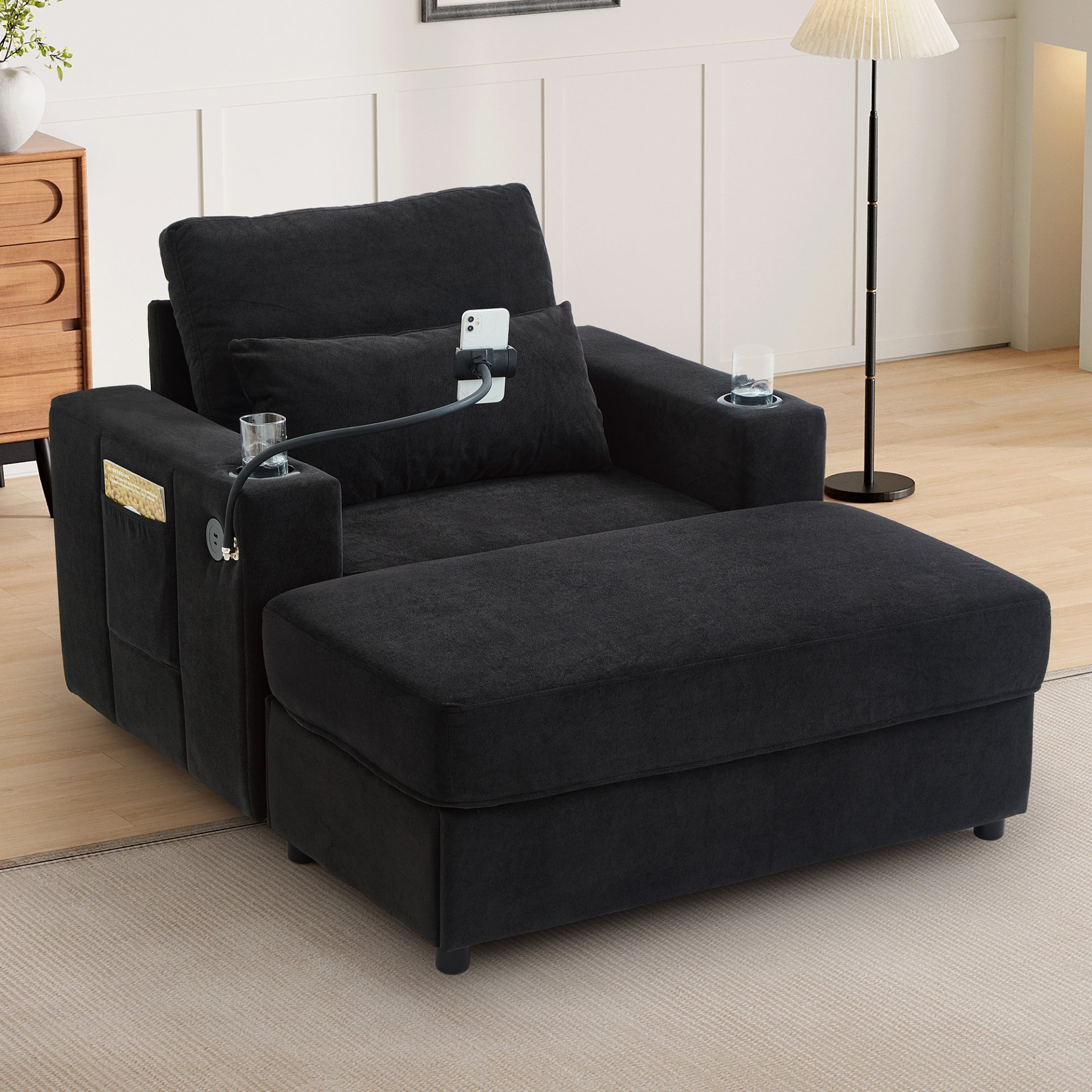 Modern Style Armchair Chaise Lounge Sofa Couch With Movable Storage Ottoman, USB Ports, Cup Holders & Side Pockets Chenille - Black - Image 3