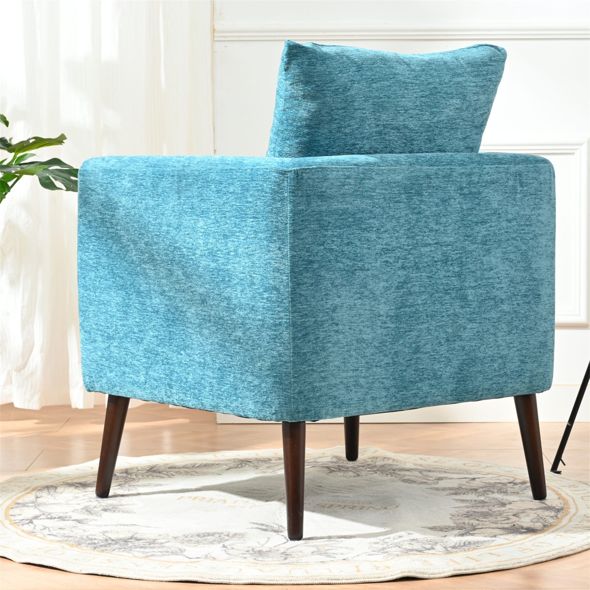 Accent Chair, Boucle Chair, Barrel Chair, Fabric Armchair Club Chair, Upholstered Arm Chair With Solid Wood Legs, Waist Pillow, Padded Single Chair For Living Room / Bedroom / Study / Waiting Room - Teal - Image 18