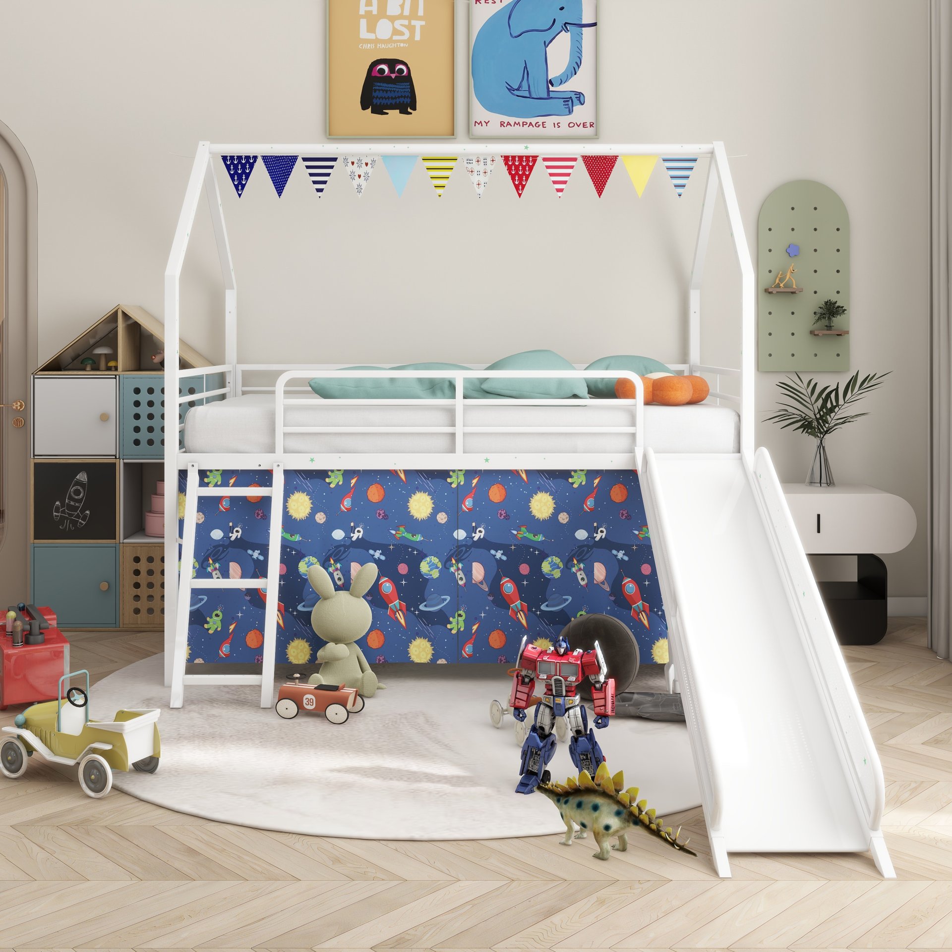Jack - House Twin Loft Bed With Slide And Curtain Set - White / Blue - Image 2