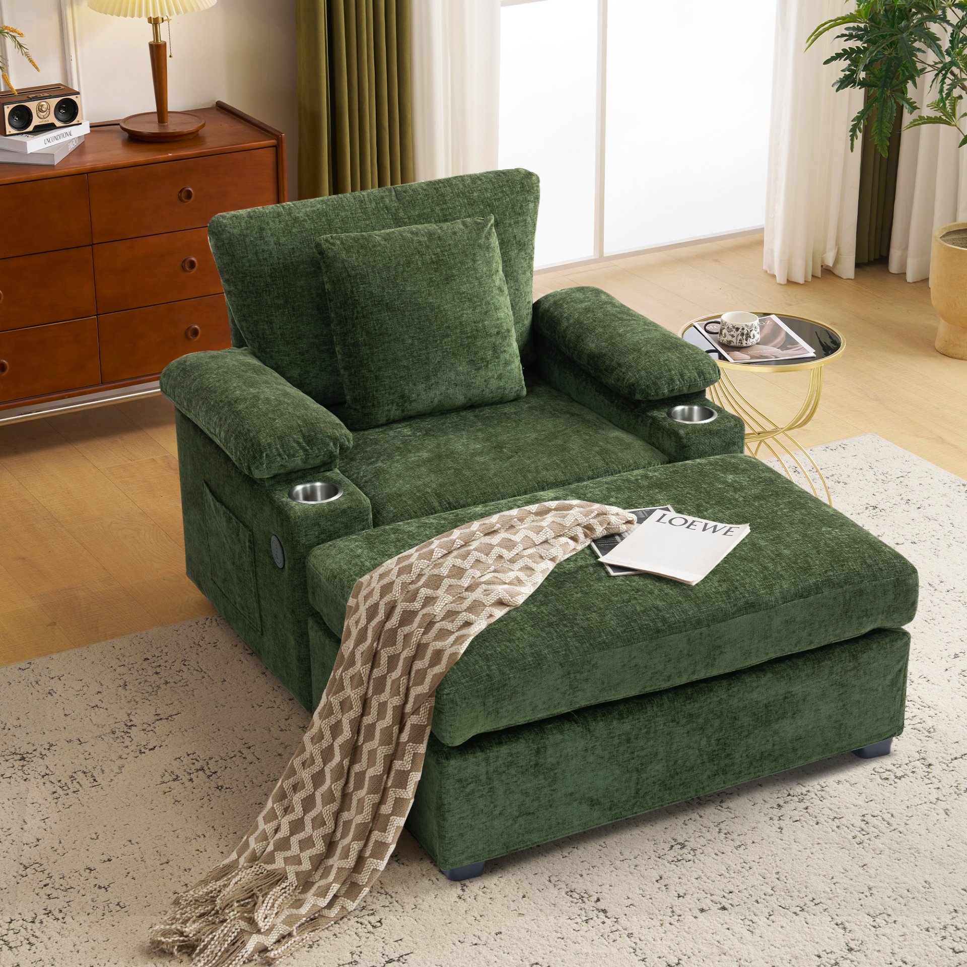 Modern Oversized Chair With Ottoman, Chenille Fabric Sofa Bed, Accent Chair Comfy Sofa With Cupholders And USB Charging Ports Chair For Living Room - Green - Image 4