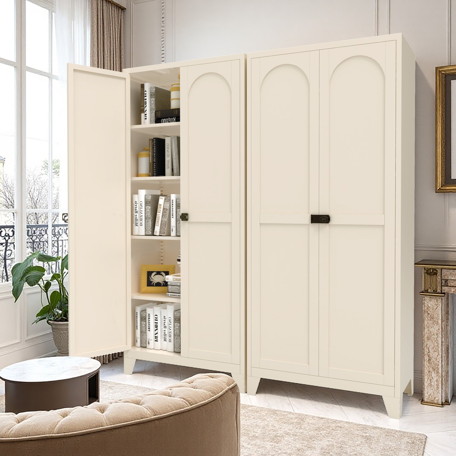 2 Shapely Doors Cabinet With Lock, Metal Storage Cabinet With Doors And Adjustable Shelves, For Bedroom, Living Room, Kitchen - Beige - Image 5