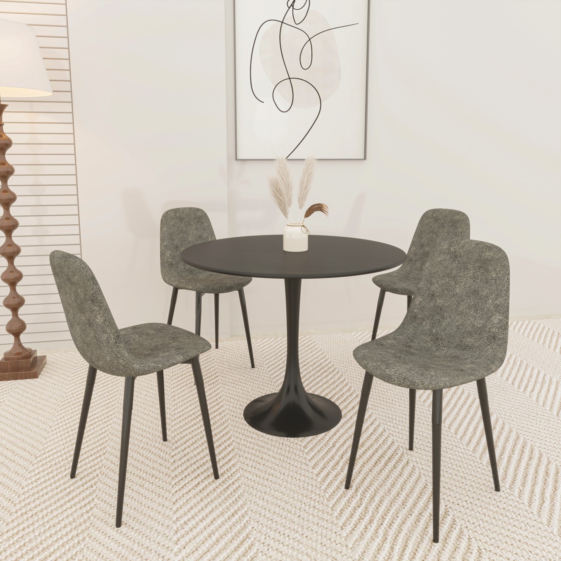 Modern Dining Table Set For 4 With Suede Upholstered Chairs, Round Design - Black / Gray - Image 4