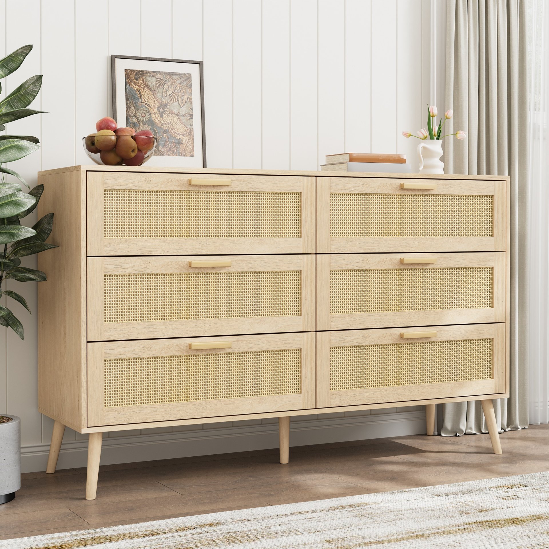 Rattan 6 Drawers Chest Of Dressers For Bedroom, Modern 6 Drawer Dresser, Wide Chest Of Drawers With Wood Handles, Rattan Dresser Storage Cabinet For Living Room, Bedroom, Hallway - Natural Wood / Oak - Image 7