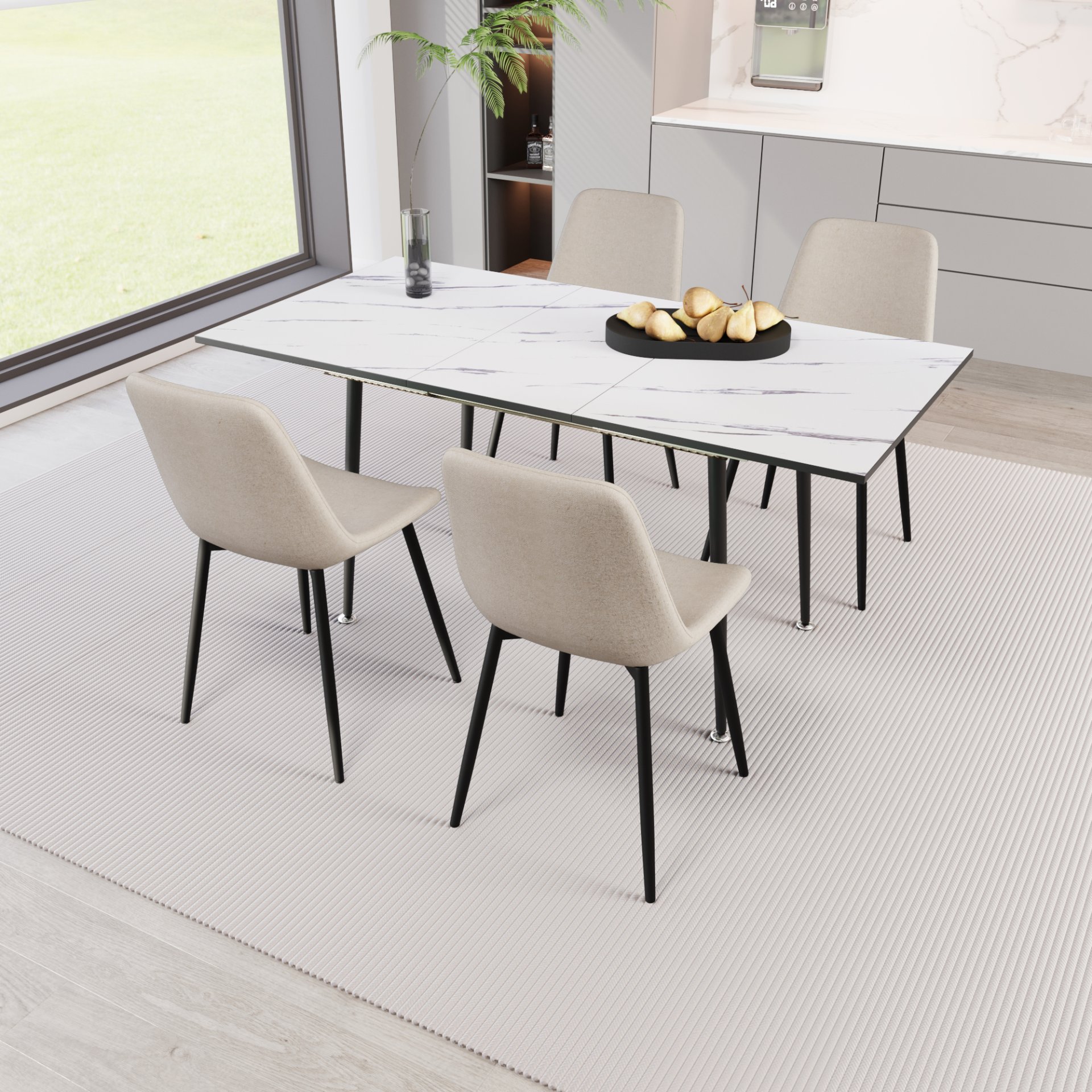 Modern Extendable Dining Table And Chair Set With Top And Metal Base, Table And Chairs For 2 - 6 People - Beige / White - Image 12