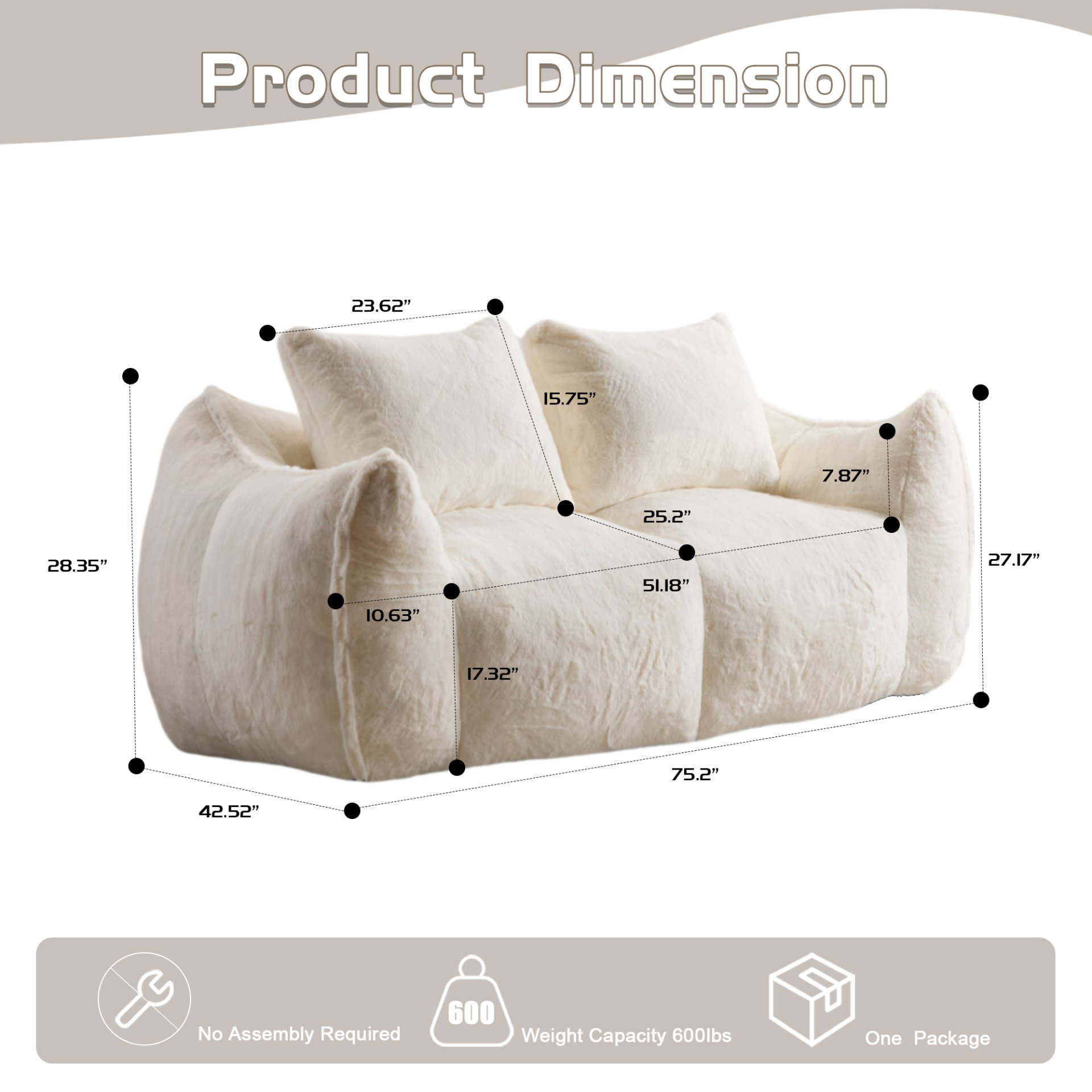Giant Bean Bag Couch, Ultra Soft Fluffy Loveseat For Living Room Reading Chair With Pillows - White - Image 3