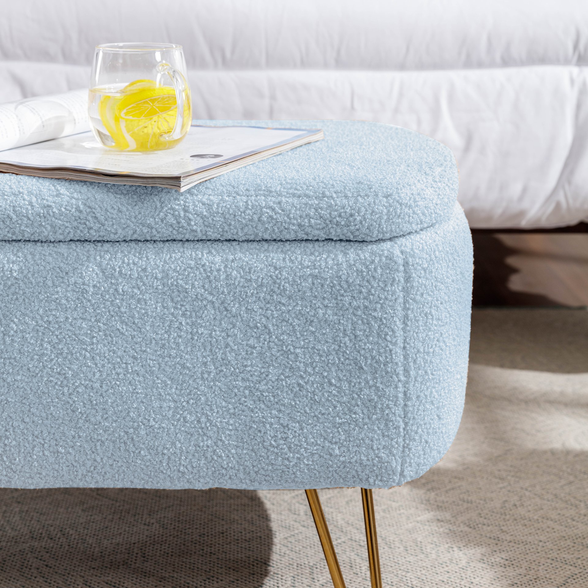 Storage Ottoman Bench For End Of Bed Gold Legs, Modern Gray Faux Fur Entryway Bench Upholstered Padded With Storage For Living Room Bedroom - Blue - Image 11