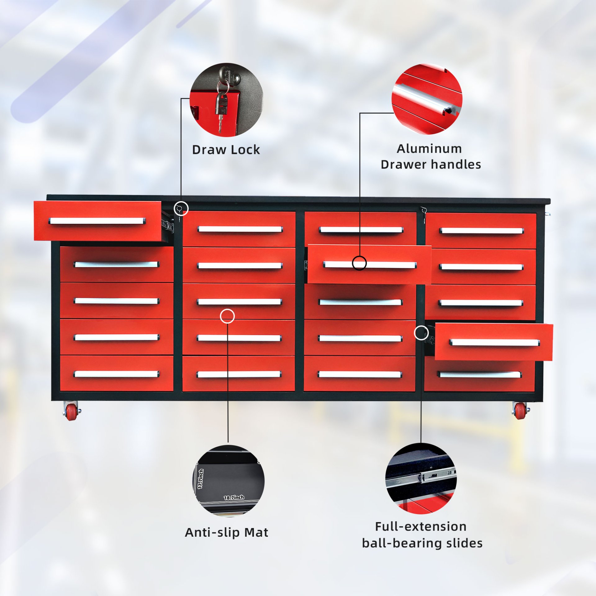 Garage Storage Cabinets With Workbench (20 Drawers) - Red - Image 4