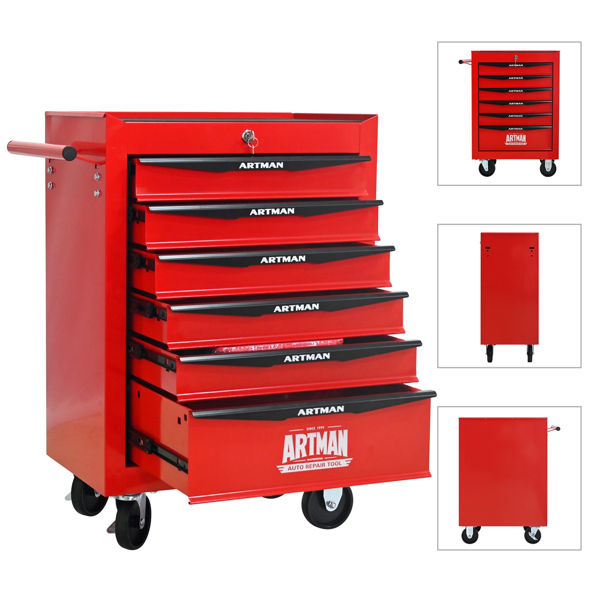 Rolling Metal Tool Chest With 6 Drawers, 20" Steel Storage Cabinet With Ball Bearing Slides - Red / Black - Image 6