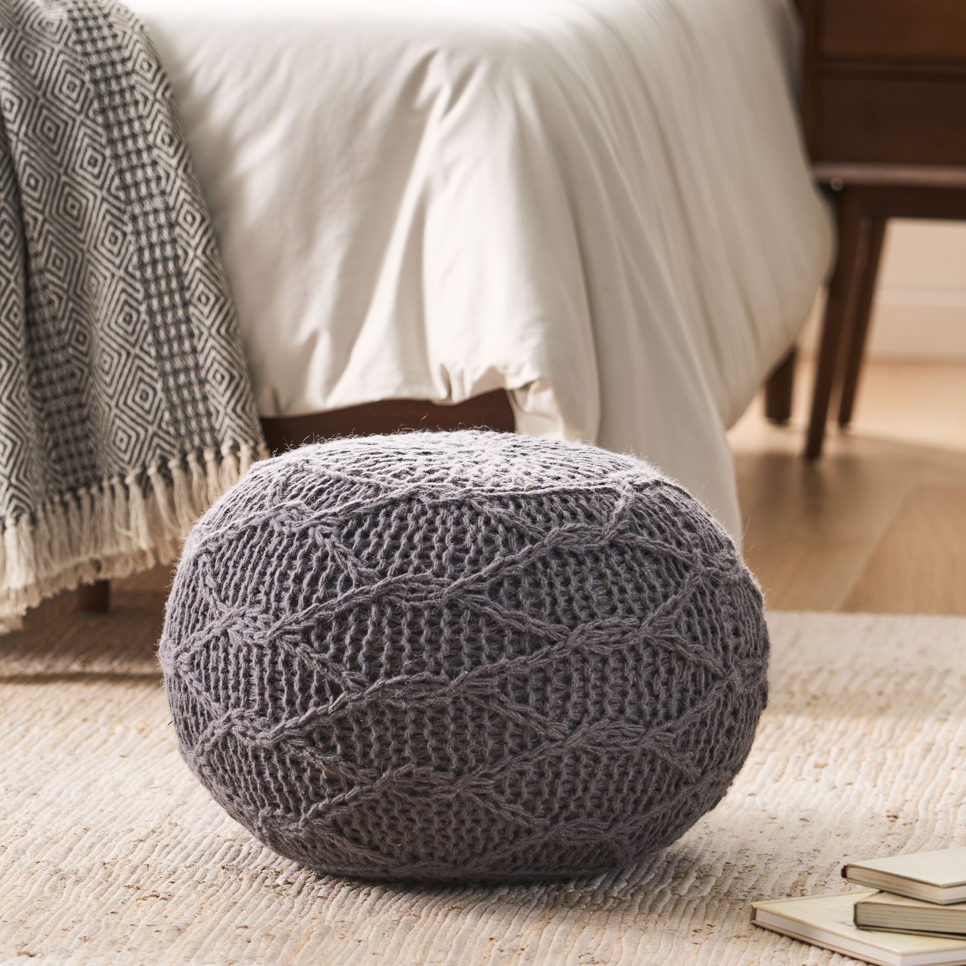 Malibu - Modern Knitted Wool Round Pouf With Handcrafted Design - Charcoal - Image 5