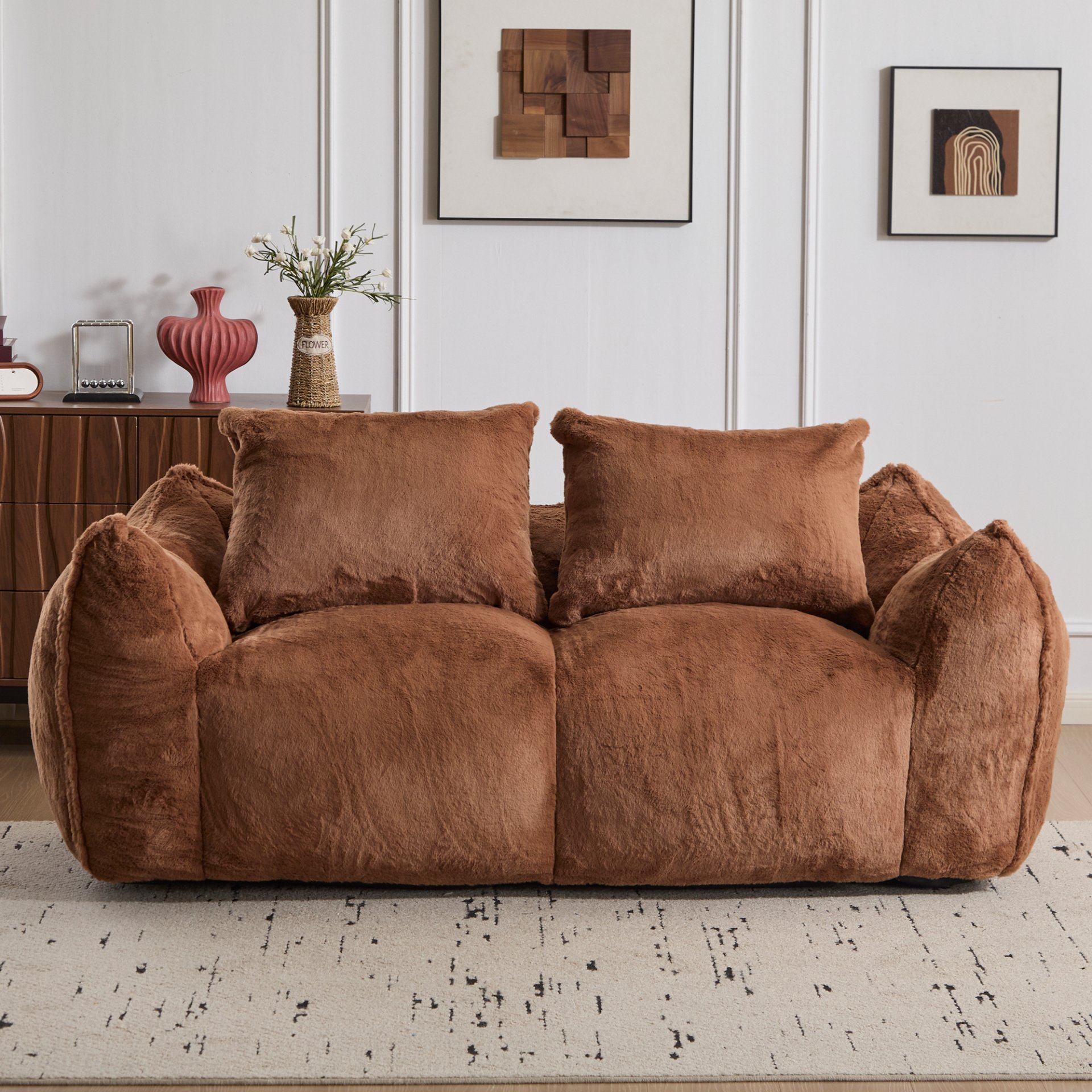 Giant Bean Bag Couch, Ultra Soft Fluffy Loveseat For Living Room Reading Chair With Pillows - Brown - Image 4