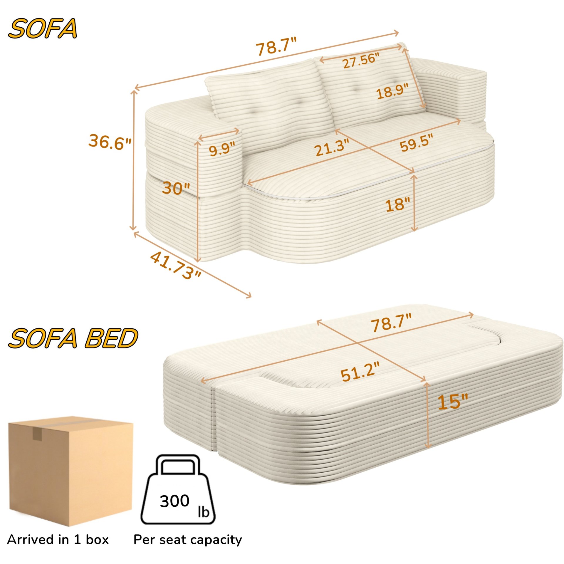 2 In 1 Foldable Sofa Plush Corduroy Sofa Convertible Floor Sofa Bed Deep Seating With Multi Functional Blanket Suitable For Living Rooms - Beige - Image 3