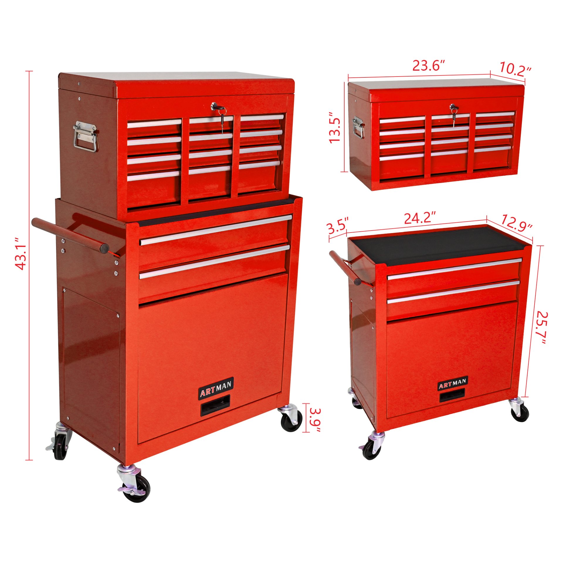 High Capacity Rolling Tool Chest With Wheels And Drawers, 8 Drawer Tool Storage Cabinet - Red - Image 6