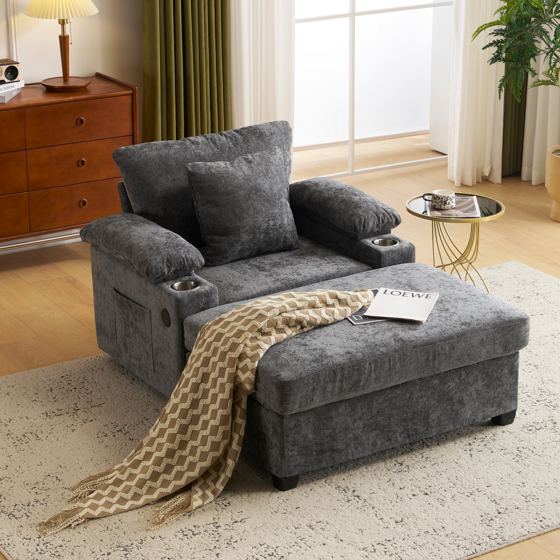 Modern Oversized Chair With Ottoman, Chenille Fabric Sofa Bed, Accent Chair Comfy Sofa With Cupholders And USB Charging Ports Chair For Living Room - Dark Gray - Image 4