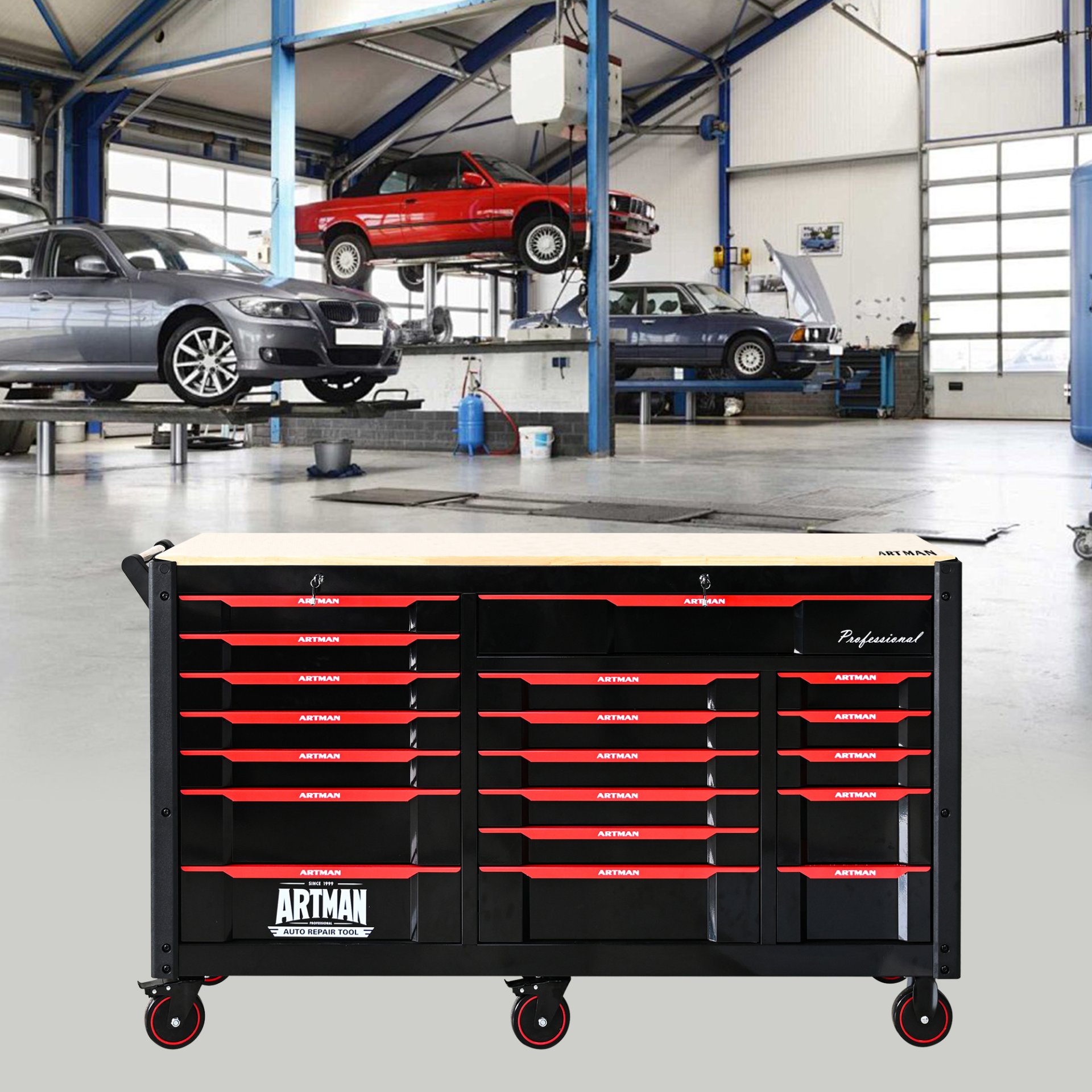 Heavy Duty Tool Cart With 19 Drawers, Tools Not Included, Mobile Storage For Workshop Or Laboratory - Black / Red - Image 2