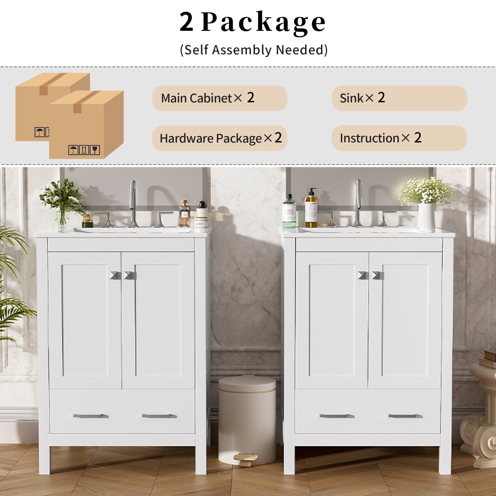 Bathroom Vanity With Integrated Undermount Sinks, Soft Close Doors, Divided Drawer, And Double Layer Shelf - White - Image 11