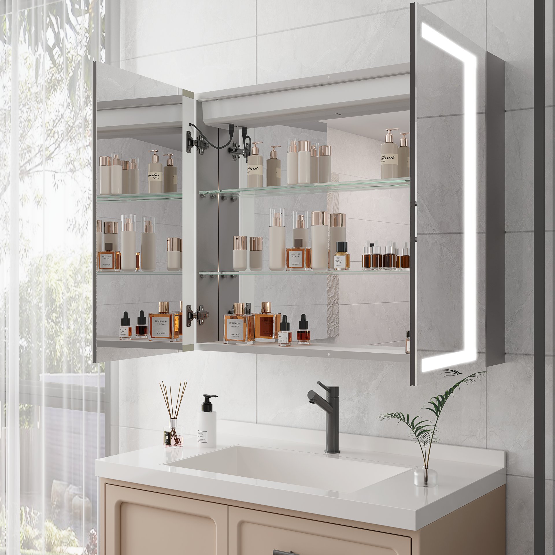 36" X 30" Medicine Cabinet With LED Vanity Mirror, Anti-Fog, Recessed Or Surface Mount, Waterproof, Dimmable, Aluminum 3000K~6000K Lighted Double Door Bathroom Cabinet With Touch Switch - Silver - Image 6