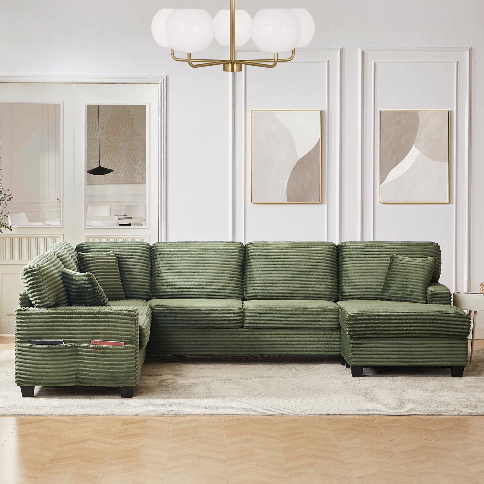 Modern Sectional Sofa U Shaped With Movable Ottoman And Side Storage Pockets Corduroy - Green - Image 5