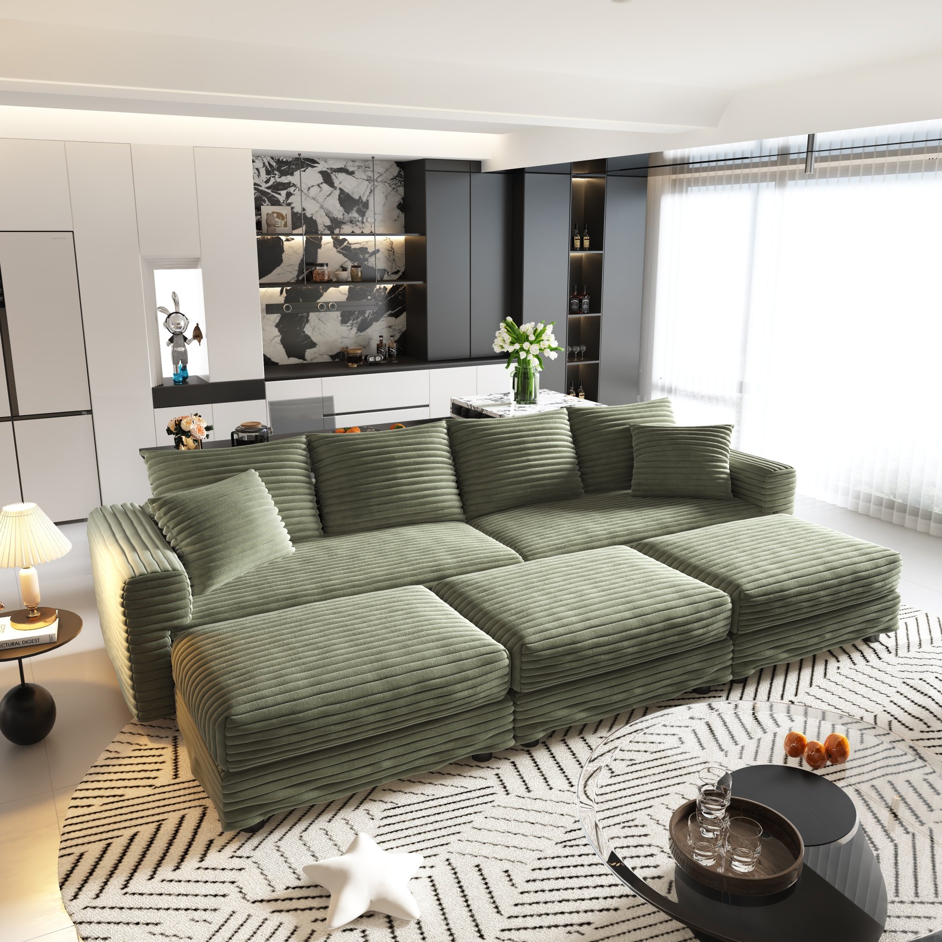 4 Seat Sofa, Deep Seat Couches With Soft Pillows And 3 Ottomans, Convertible Sofa Lounge Chair, For Living Room - Green - Image 9