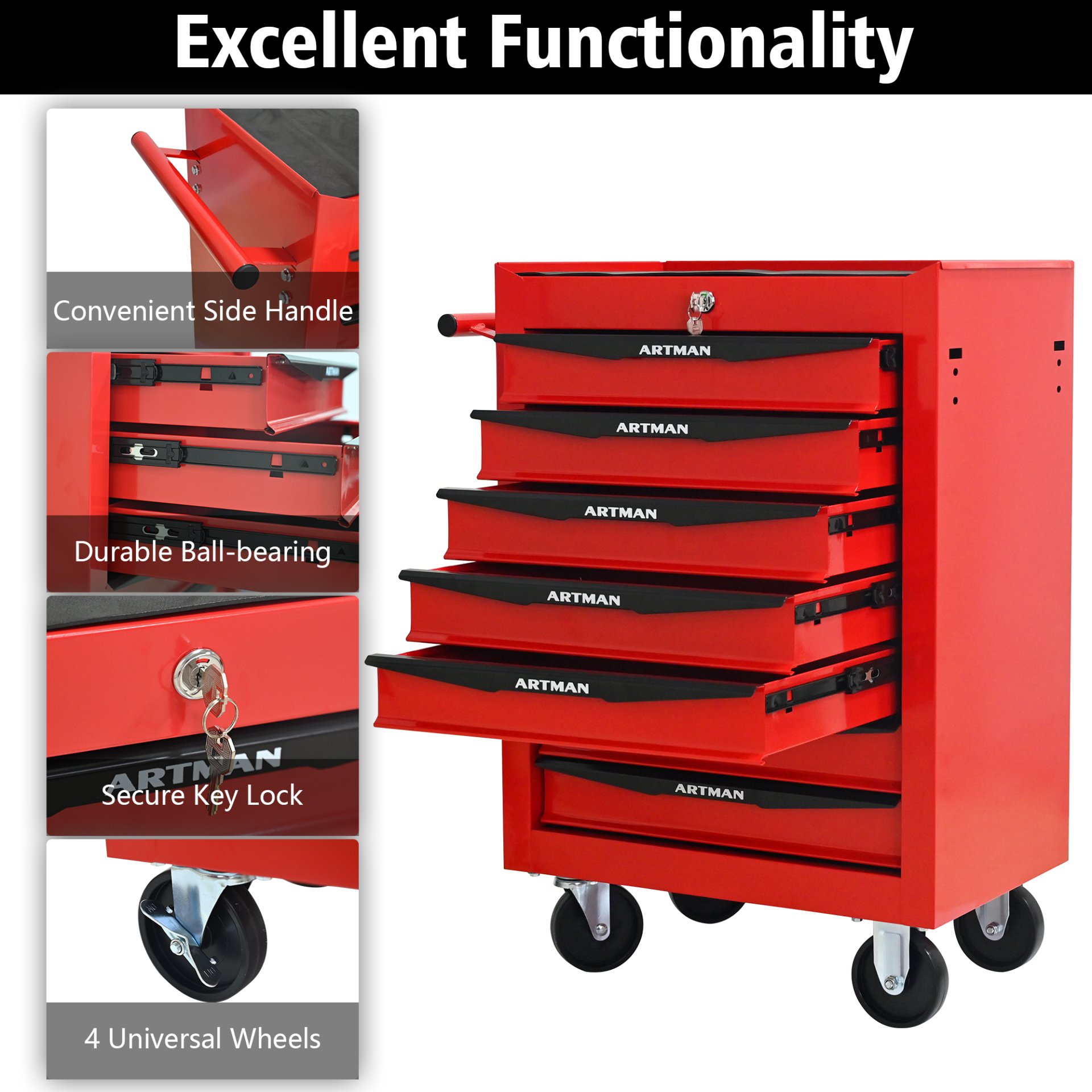 Rolling Metal Tool Chest With 7 Drawers, 20" Steel Storage Cabinet With Ball Bearing Slides - Red / Black - Image 6