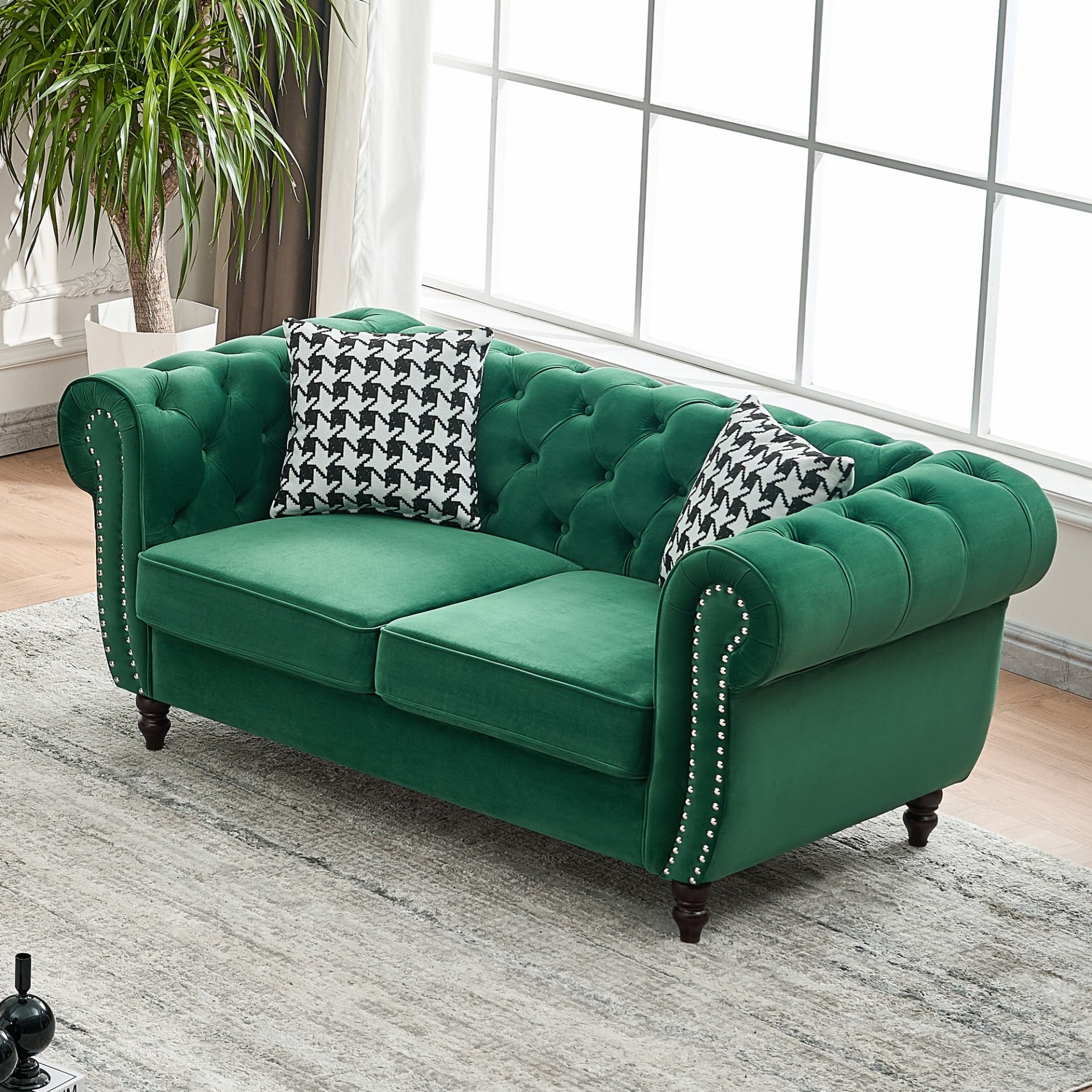 Chesterfield Sofa With Roll Armrest And Nailhead, 2 Seater Couch - Green - Image 5
