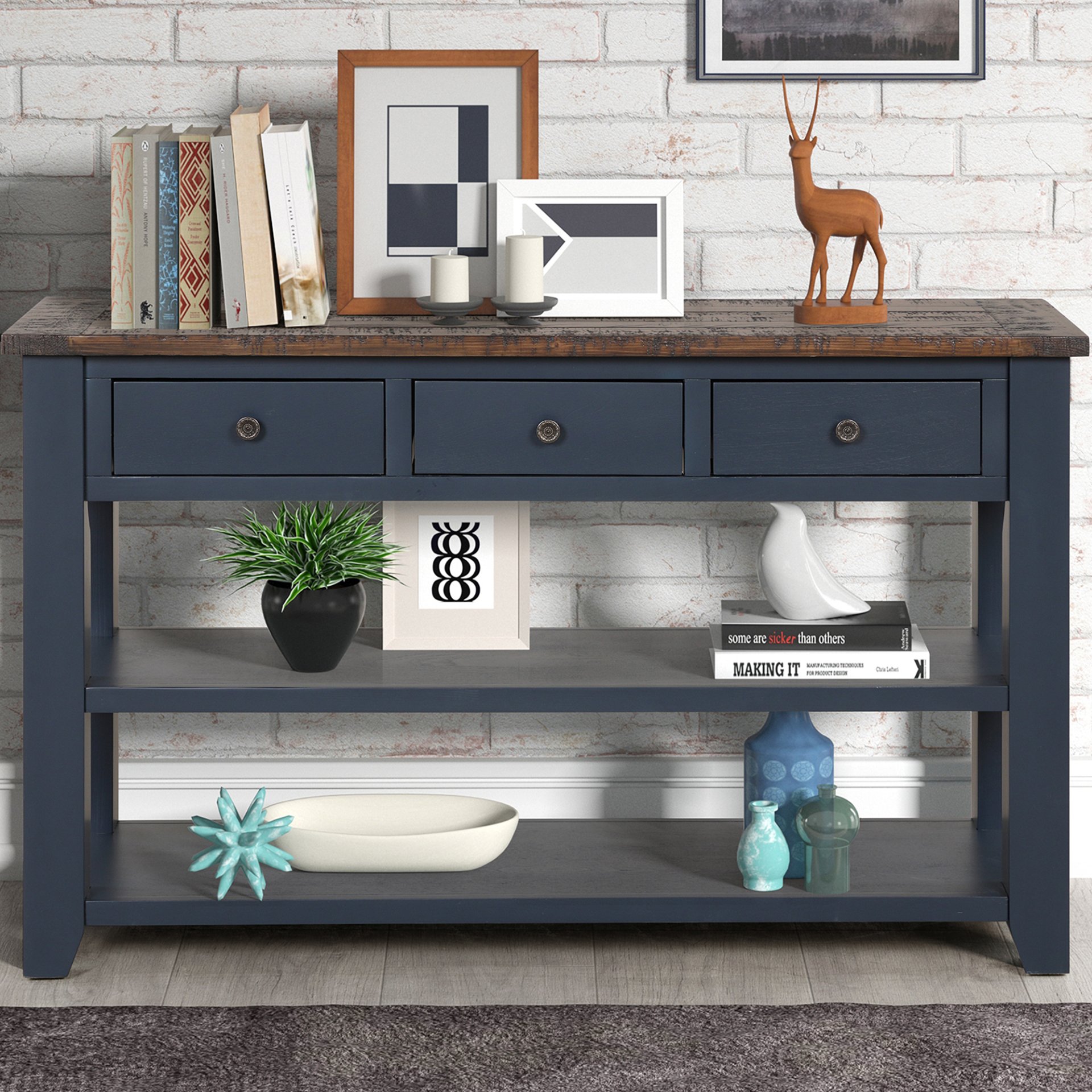 49'' Rectangular Solid 3 Drawer 2 Shelf Console Table - Blue - Image 2