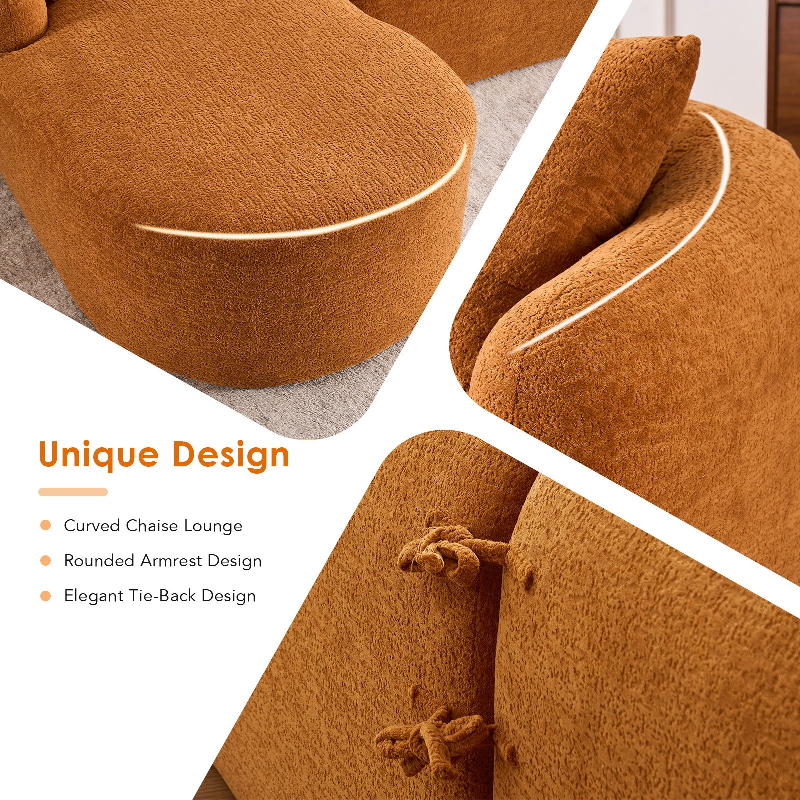 Compression Sofa: Combining Chaise Longue With 3 Seater, Wood Grain Chenille Fabric, Full Sponge Compression Sofa, Combined Sofa With 4 Pillows For Living / Home Furniture / Apartment - Orange - Image 28