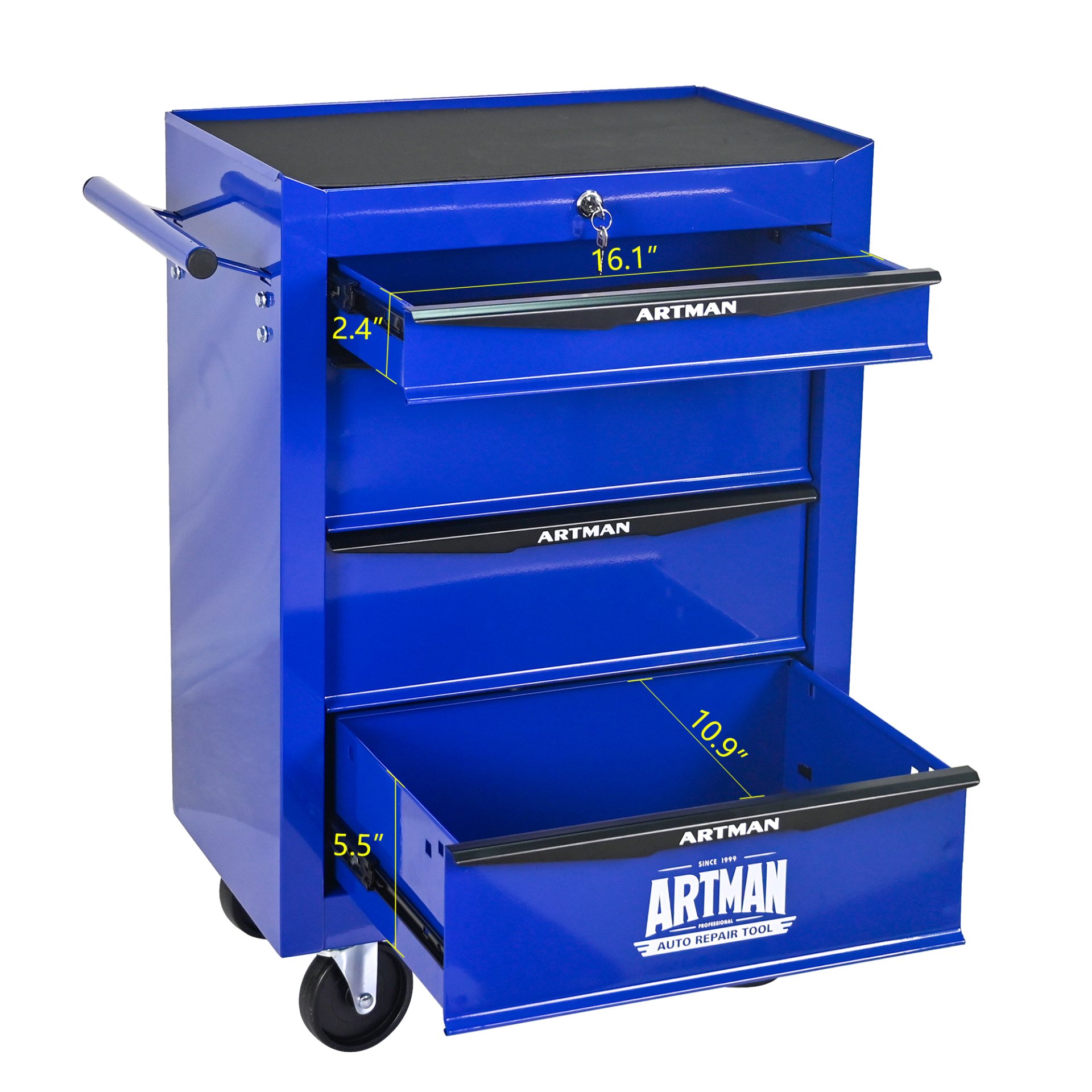 Rolling Metal Tool Chest With 4 Drawers, 20" Steel Storage Cabinet With Ball Bearing Slides - Black / Blue - Image 9