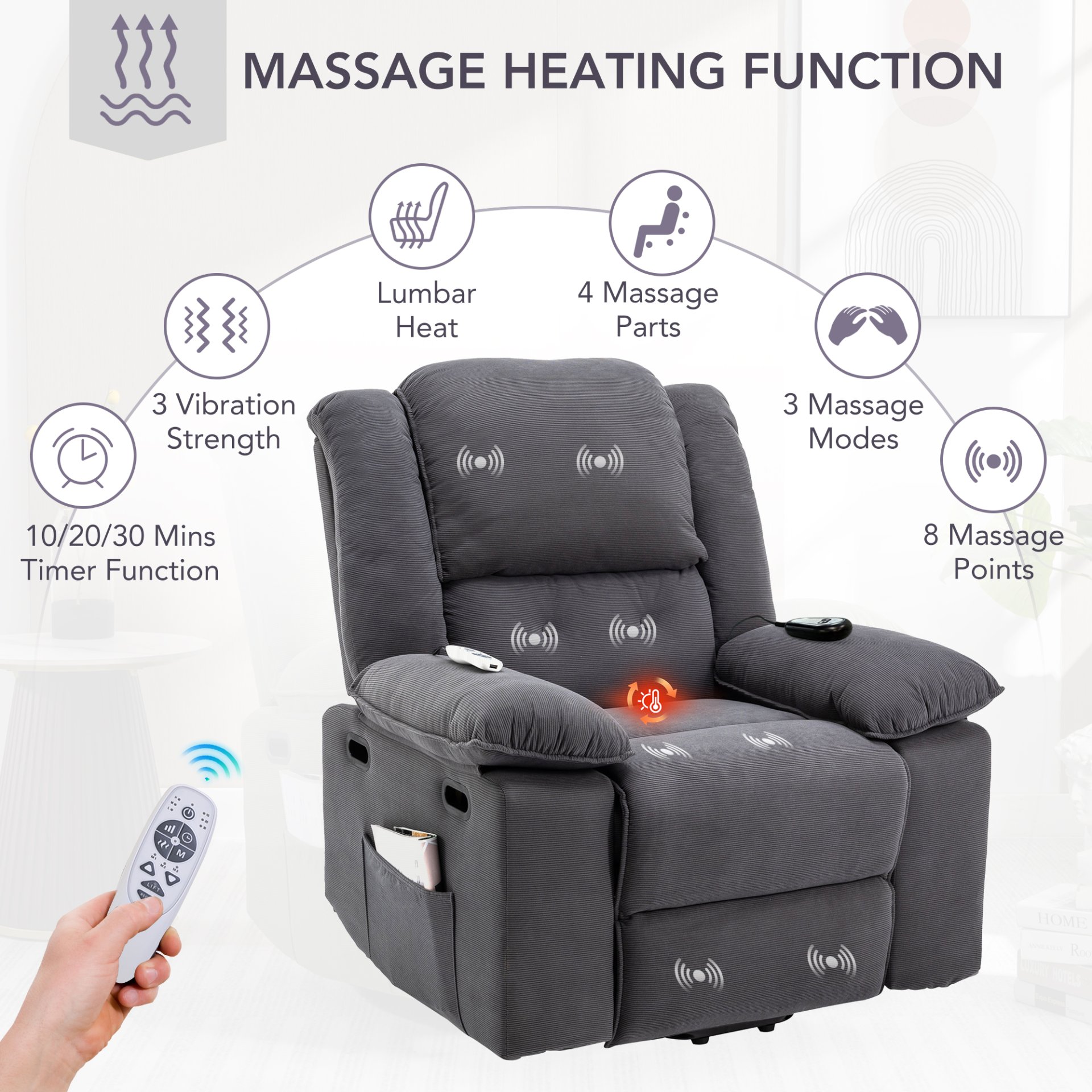 Massage Recliner, Power Lift Chair With Adjustable Massage And Heating Function, Recliner Chair With Infinite Position And Side Pocket - Gray - Image 4