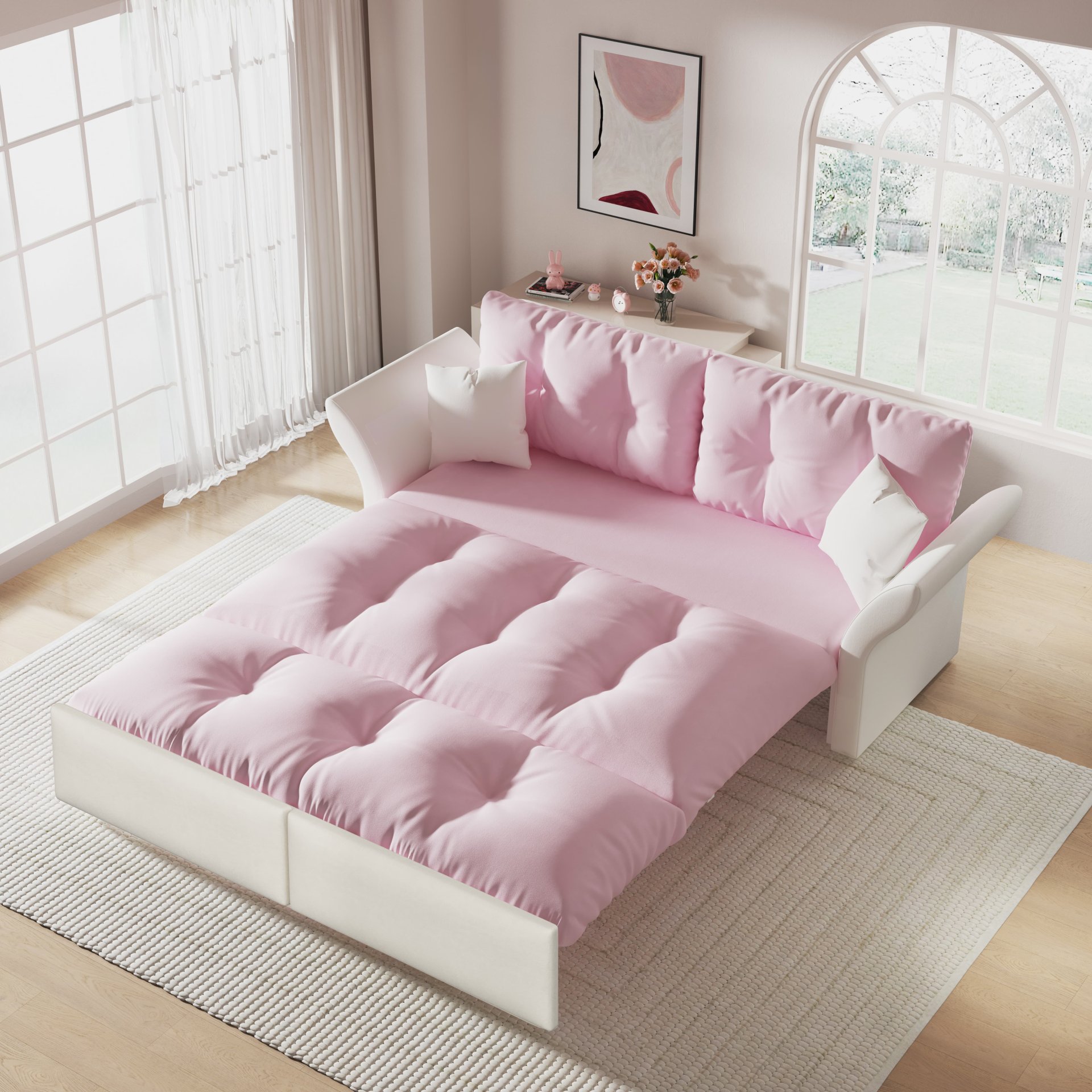 Queen Pull Out Sofa Bed, 3 In 1 Convertible Sleeper Tufted Sofa & 2 Soft Pillows - Pink - Image 2