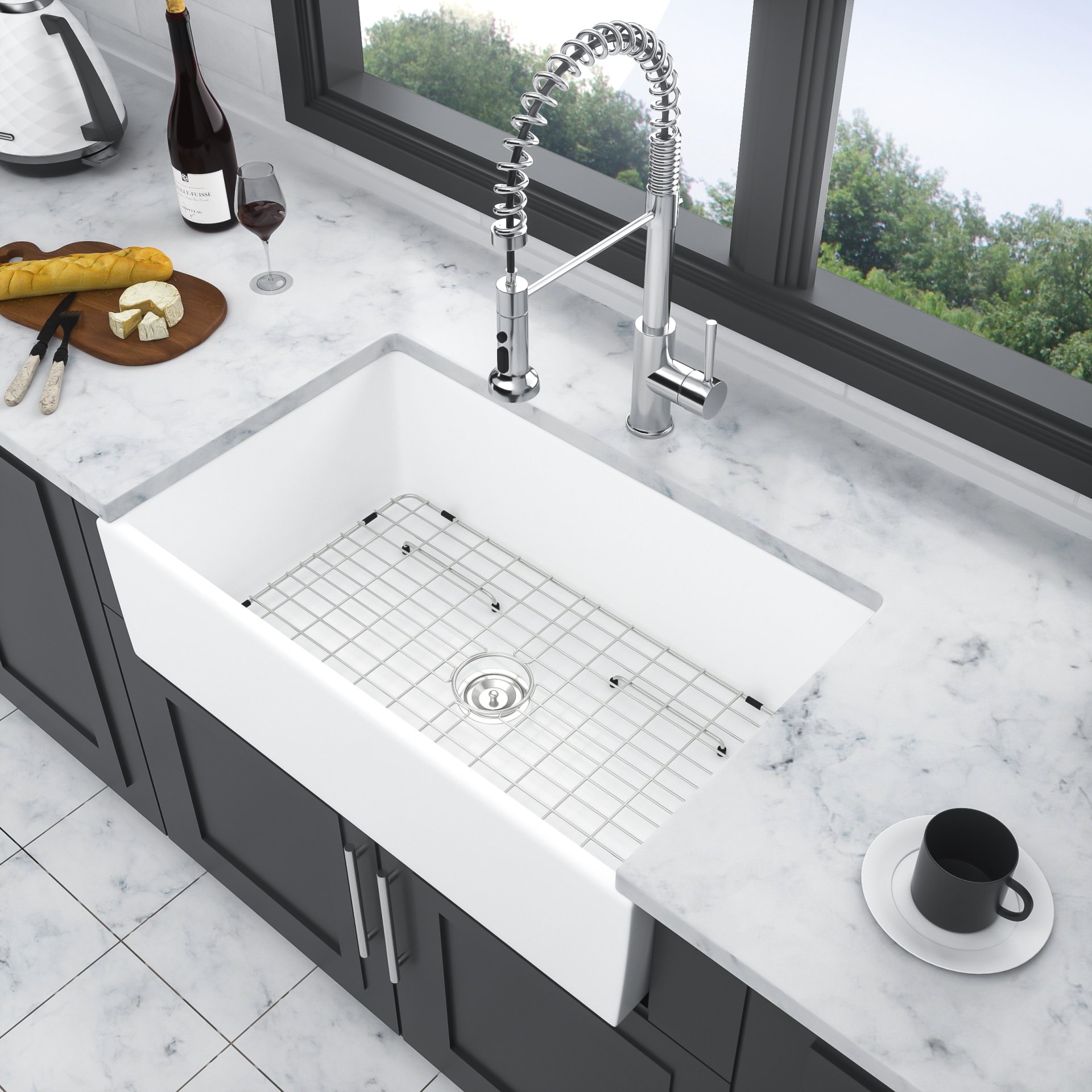 Sink 36" Single Bowl Kitchen Sink With Deep Basin And Grid - White - Image 4