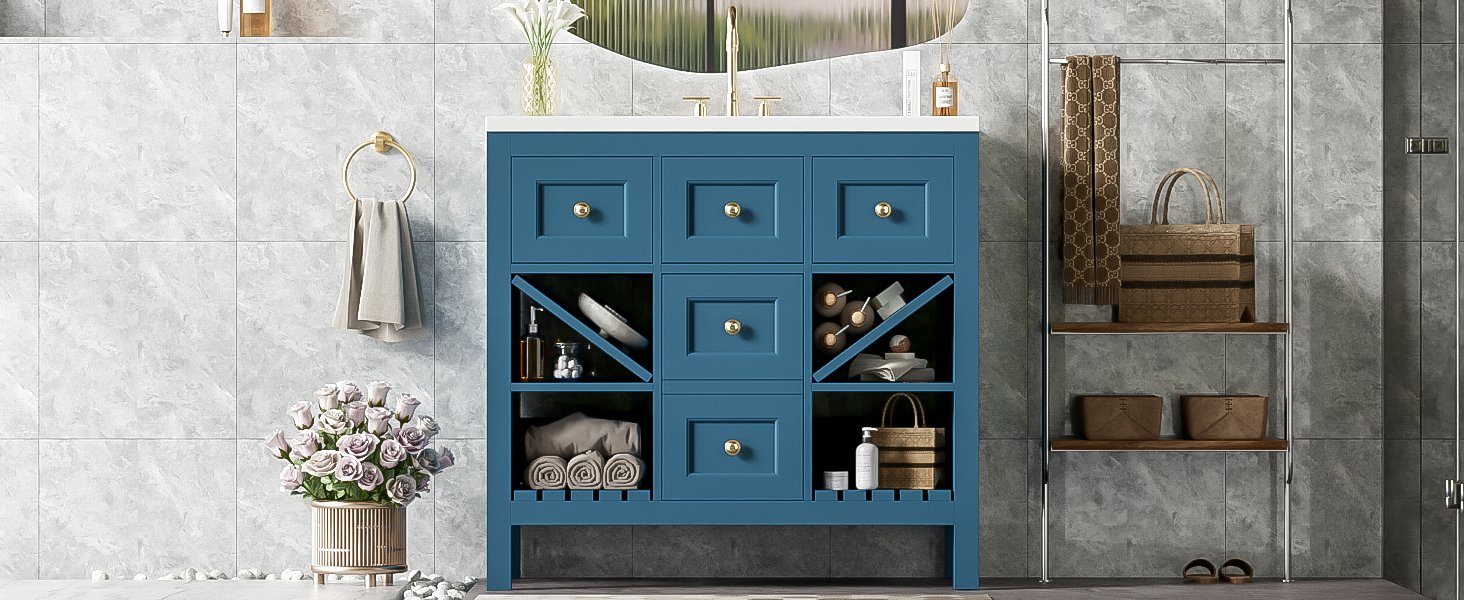 Bathroom Vanity With Resin Sink Combo, Frame Bathroom Storage Cabinet, Freestanding Vanity Set, 5 Drawers & Soft Closing Doors - Blue - Image 25