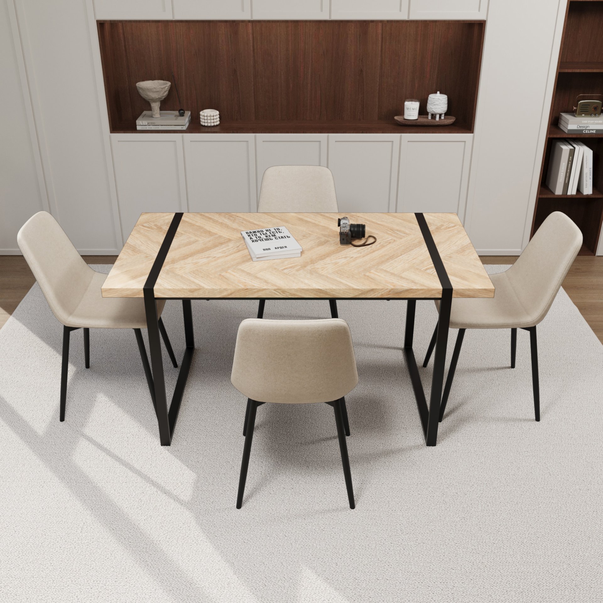 Modern Dining Table & Suede Chair Set With Rectangular Metal Base - Beige / Brown - Image 2